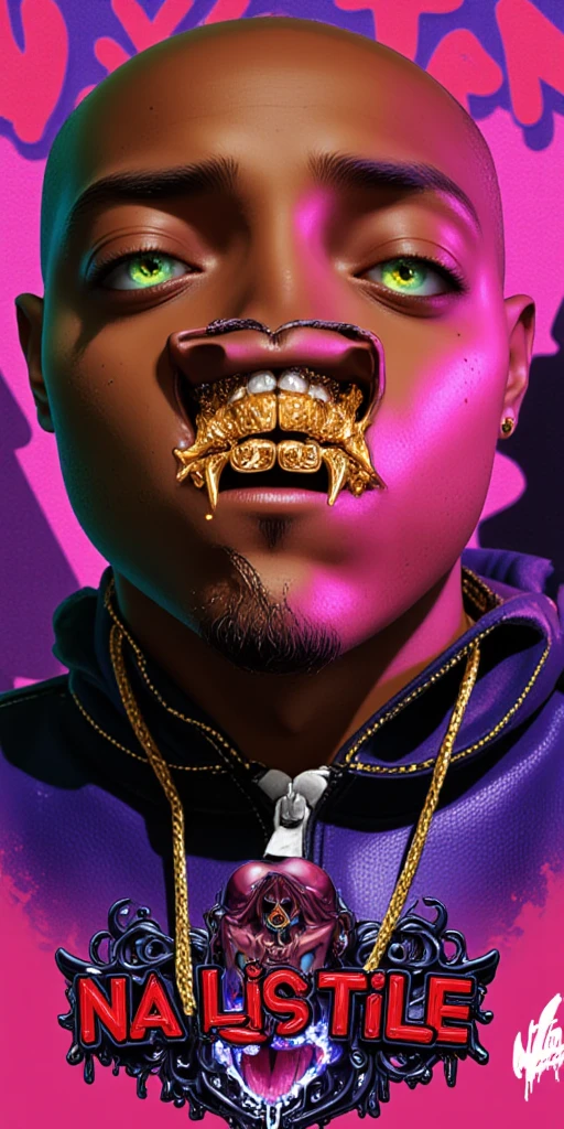 3D animated Character Nztykle . The man is Muscular Wearing Streetwear, the man has super close shaven skin Bald Head::5.1 , dreamscape portraiture, eye-catching detail, a low angle shot of Nztykle with A Gold denture with a Diamond fang-shaped grillz written in the middle "RAPTILE" in the middle of the teeth in a different material and color exquisite digital illustration
fantasy , Strong beams of Lazers random Film SPecial FX Eye Contact lenses::6.8  energy Shooting From Eyes with energy Particles ::6 The man is Muscular Wearing Streetwear, the man has super close shaven skin Bald Head::5.1 , dreamscape portraiture, eye-catching detail, A 3D render of an anime-style bald-headed character with brown skin and glowing special effect eyes in a random color. The character is set against an Vibrant background, The character exudes a mysterious aura. The background contains provocative text phrases like "Raptile," "Talijuano," and shocking confessions. The words "NA LISTEN" are prominently displayed in large, bold letters at the bottom, with a random and creative color scheme that is 3 contrasting colors that arep interesting . The scene is further enhanced with mature elements such as 18+ icons, , and a smirking emoji, adding a controversial and mature touch to the theme. highly detailed illustrations, in the style of 8k resolution, in the style of realistic detail, juxtaposition of hard and soft lines, 3D animated Character Nztykle powerful warlock in streetwear NIke x Takashi Murakami x Raf Simmons x Yeezy x Pharrell Williams x Kaws, avatar animated style, 3d, 8k, in the style of Jed-clrfl