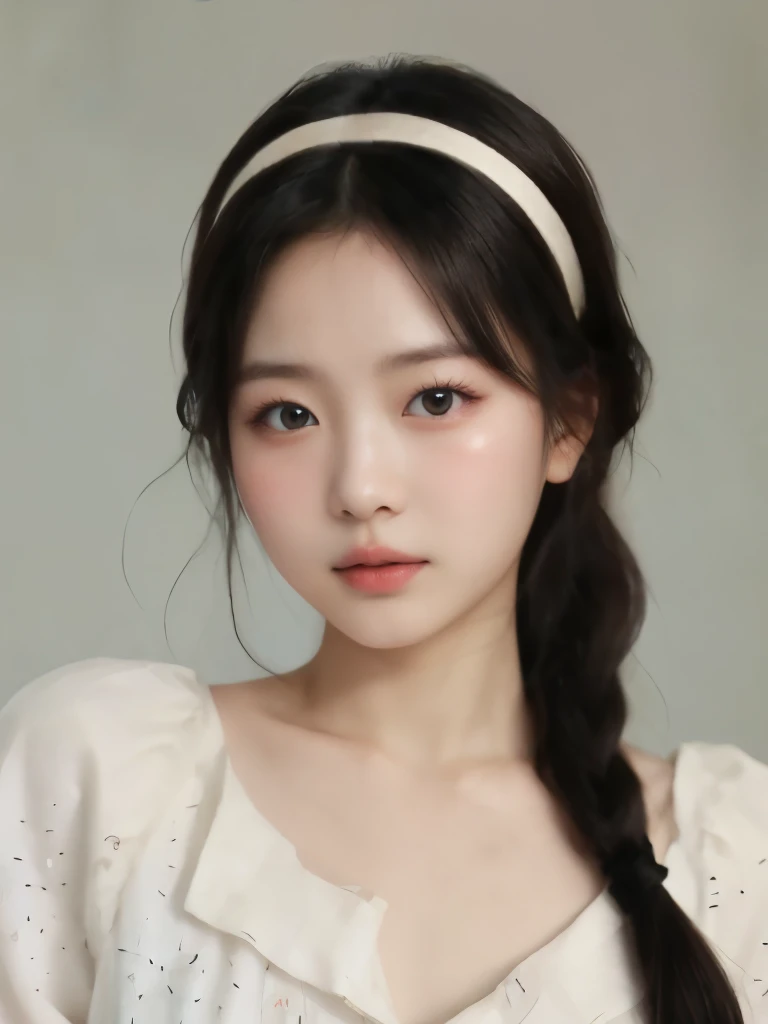 1girl, solo, realistic, black hair, portrait, black eyes, lips, closed mouth, hair between eyes, masterpiece,  (photorealistic), raw photo, korean girl, pretty girl, rounded eyes, delicate lips, cherry lips colored, perfect small nose, thin nose, youthful face, light colored clothing, double eyelid 