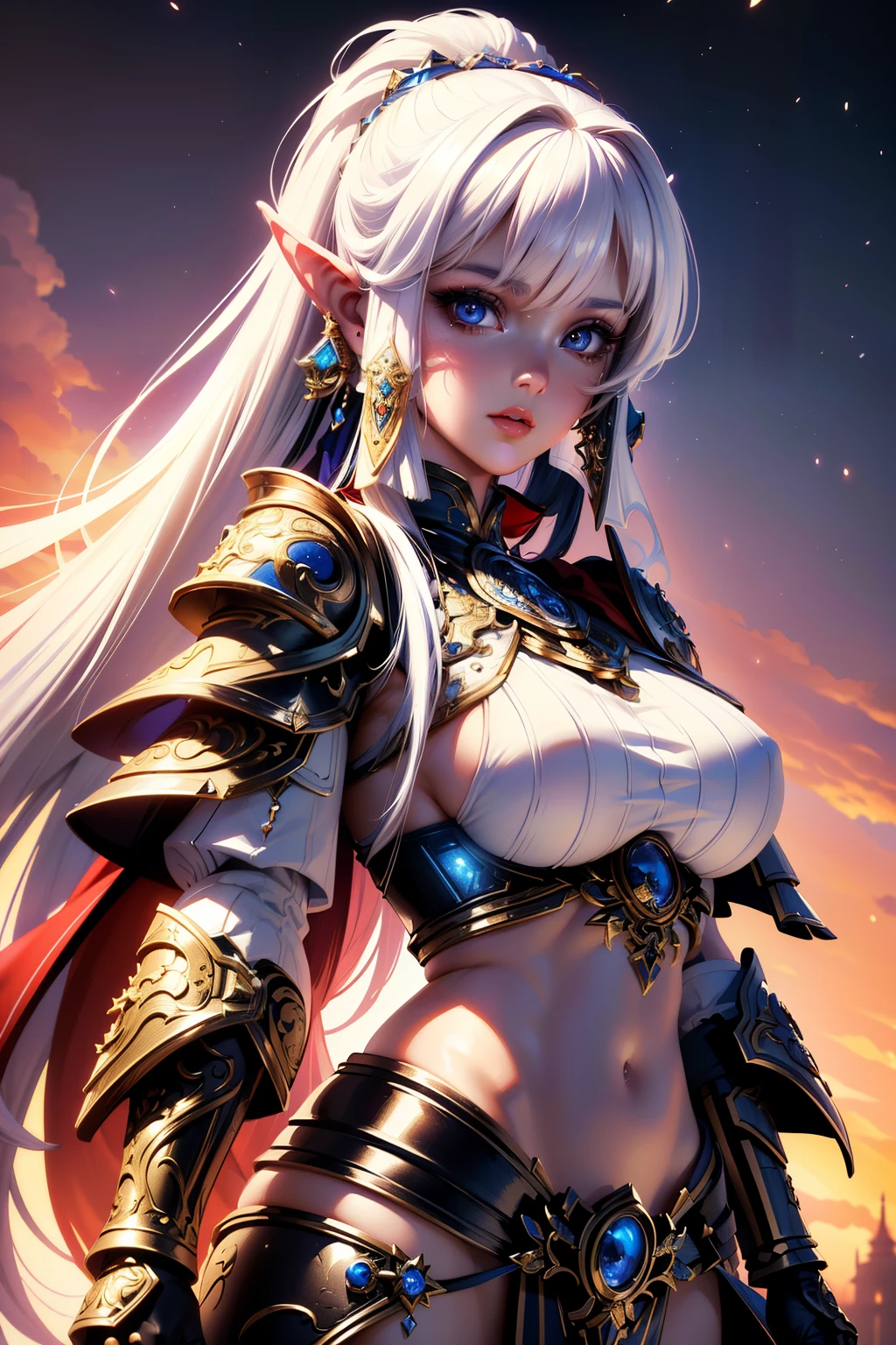 Lian, long white hair, single hair bun, hair stick,bangs,blue eyes, solo, smiling,
standing,  upper body,    hips,
bare shoulders,purple thighhighs,red dress, gold jewelry,armor,gloves,circlet, cleavage,
red and gold royal castle,
(best quality, masterpiece, beautiful and aesthetic:1.2, highest detailed face, perfect face,)
