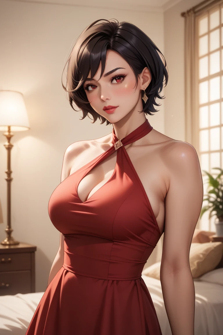 1 , foto de cowboy da linda Ada,  looking at the spectator,  red dress ,  black hair , Blush,  short hair, athletic night,  volumetric lighting ,  best quality , masterpiece,  intricate details ,  tone mapping, sharp focus, hyper detailed,  trending at artstation , Ada, realistic 