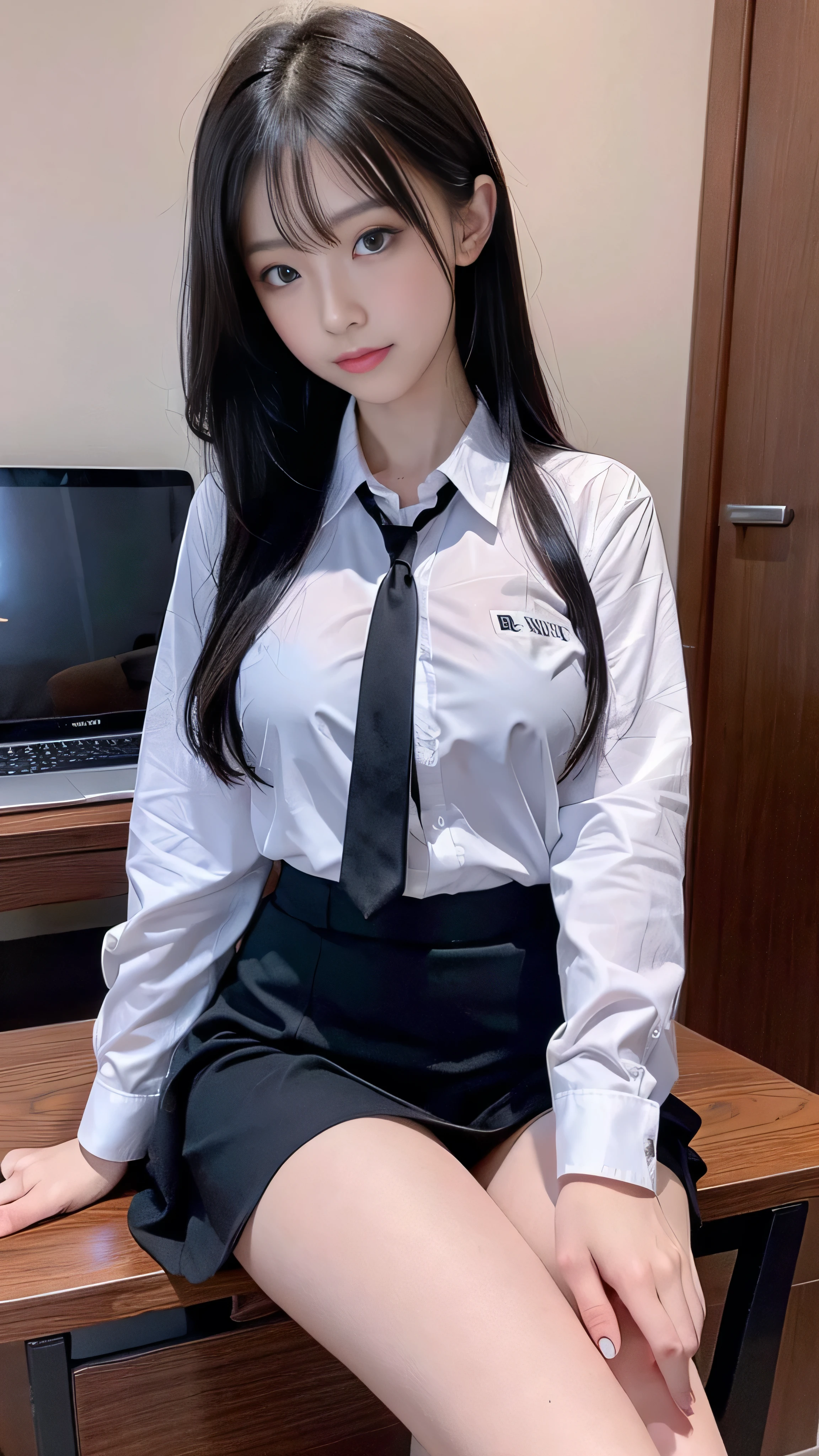  chair wearing a black strict business suit is using a laptop, 厳格な黒い is wearing a business suit, sitting On the desk, In a strict suit, On the desk, Dressed in a strict suit, Japanese Goddess, thigh high and skirt  , She sat at the desk,  sitting at table ,  Sexy latino   ,  is wearing a business suit, Elegant legs,  provocatively looking ahead , Cross-legged, Cherry Blossoms,  Short Bang ,  beautiful eyes,  face details,  white button up shirt, thick,  green jacket,  thick thighs 