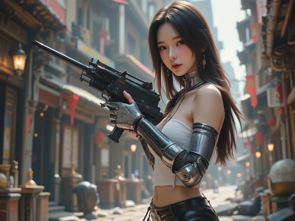 High definition Photography, epic fighting scene far shot, (Beautiful face young Japaness), (Beautiful cup-A chests, white pale skin, soft makeup and lipstick), robotic arm, silver hand, Prosthetic part and cyberware accessories, (pretty tanktop and skinny leather pants), with heavy gun on combat apocalyptic, 