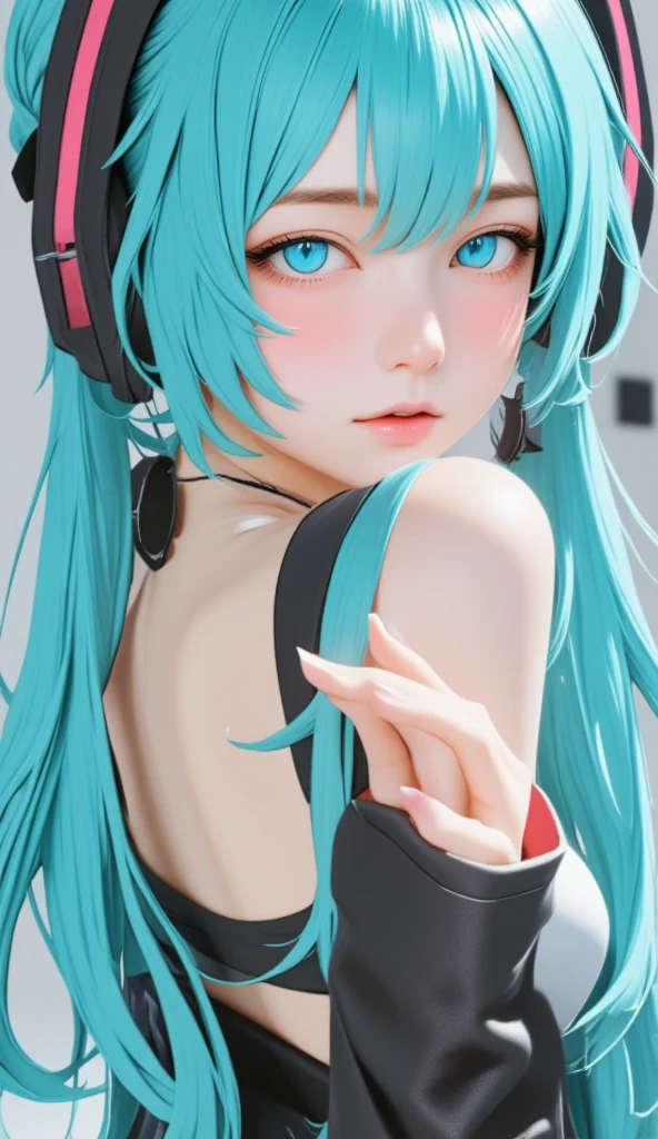  RAW photo,  perfect anatomy, Turquoise Hair,  sexy, Adorable,  small eyes , Expressionless, Squat,  twin tails、 Hatsune Miku,  Official Art， Unity 8K Wallpaper， very detailed，Beautiful work， best quality，Realistic,Photo level、 best quality、 High Quality、masterpiece、