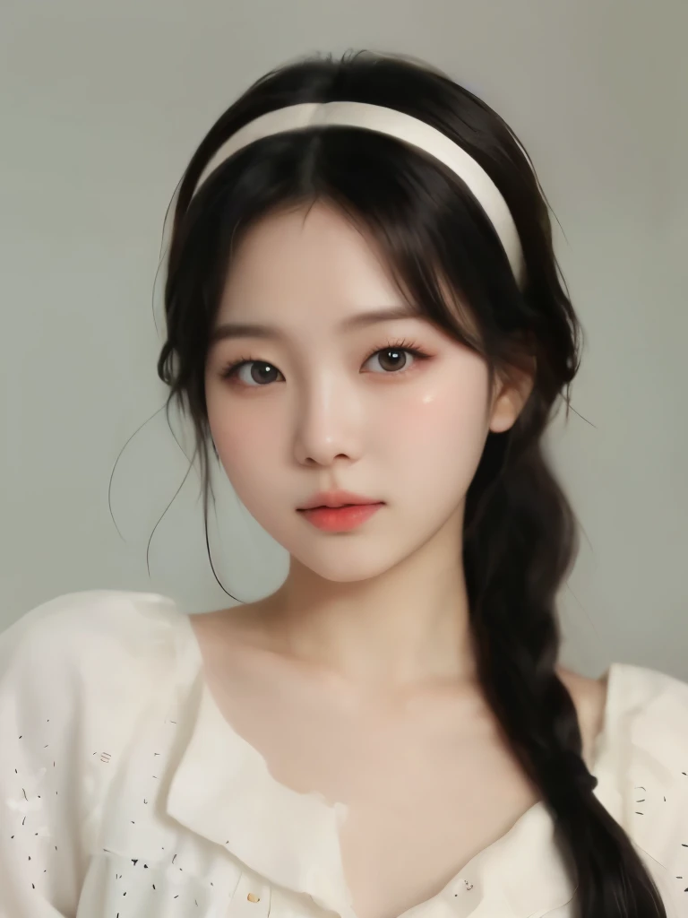 1girl, solo, realistic, black hair, portrait, black eyes, lips, closed mouth, hair between eyes, masterpiece,  (photorealistic), raw photo, korean girl, pretty girl, rounded eyes, delicate lips, cherry lips colored, perfect small nose, thin nose, youthful face, light colored clothing, double eyelid, normal expression 