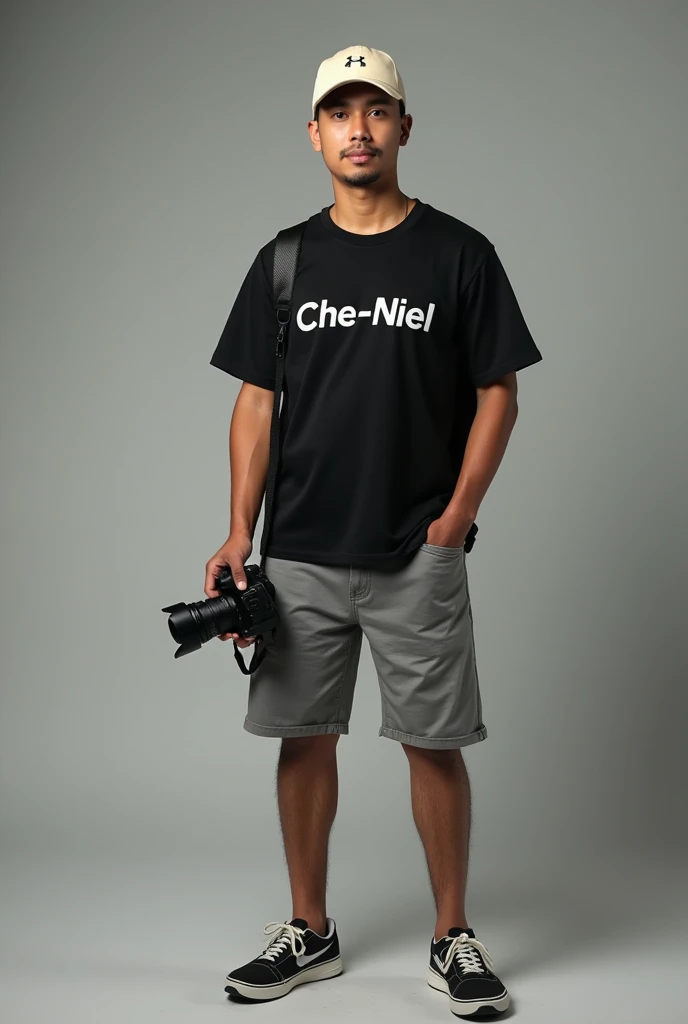 Make me a young Indonesian man holding a banner board that says Mr.Kenceng will be present, all made in black