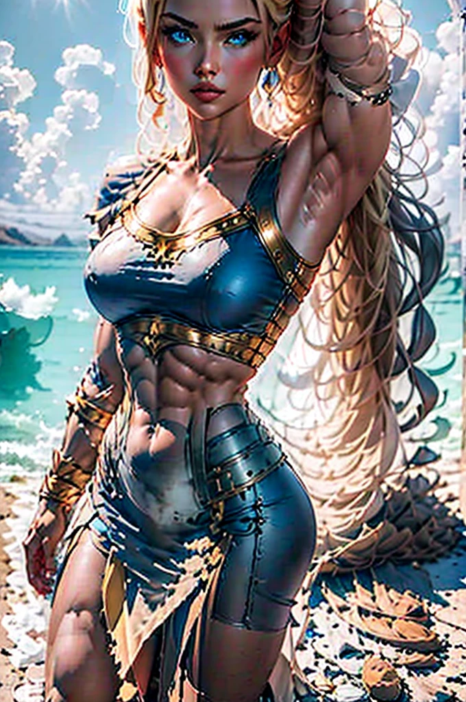 Greek Amazon woman in her 20s, Blond haired ,  blue eyes , high, muscular,  medium breasts, wearing Greek armor 
