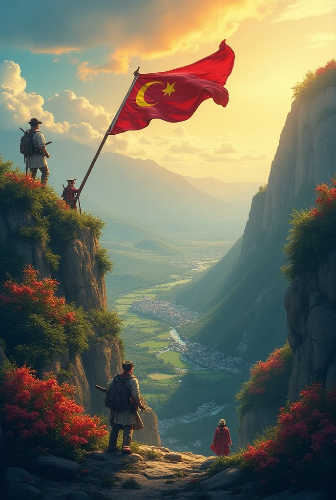 The overall reddish tone, the Great Wall is dyed red in the west of the sunset, the red flag on the Great Wall is fluttering, the clouds are strong, and there is silence in peace, a soldier and young man looks up at the sky, solemn and solemn, oil painting style, details --auto --s2