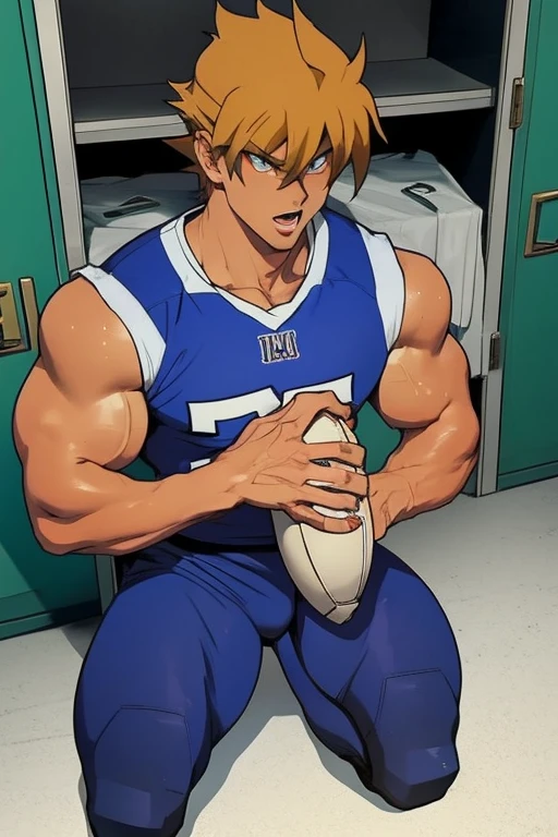 Jounouchi Katsuya from Yu-Gi-Oh, bodybuilder, sweaty, defined body, big legs, locker room, wearing a football uniform, vapid stare, kneeling, seen from above, sweaty body, big bulging crotch, shoulder pads, football jersey, football cleats, football pants, hypnotized blank stare, open mouth, hyper muscles, hyper swollen crotch bulge, bro, dumber, IQ drain, meathead, musclehead, dumb jock, brainwashed, flexing, hyper crotch bulge, big biceps, big triceps, big traps. broad shoulders, big meaty pecs, big thighs, thick glutes, hyper muscles, football team assimilation, brainwashed, brainwashing, glowing eyes, bro, mindless, saying "I am a big dumb jock bro.... I am a big dumb jock bro.... I am a big dumb jock bro.... Forget. Give in. Give up control. I am a big dumb jock bro.... I am a big dumb jock bro...."