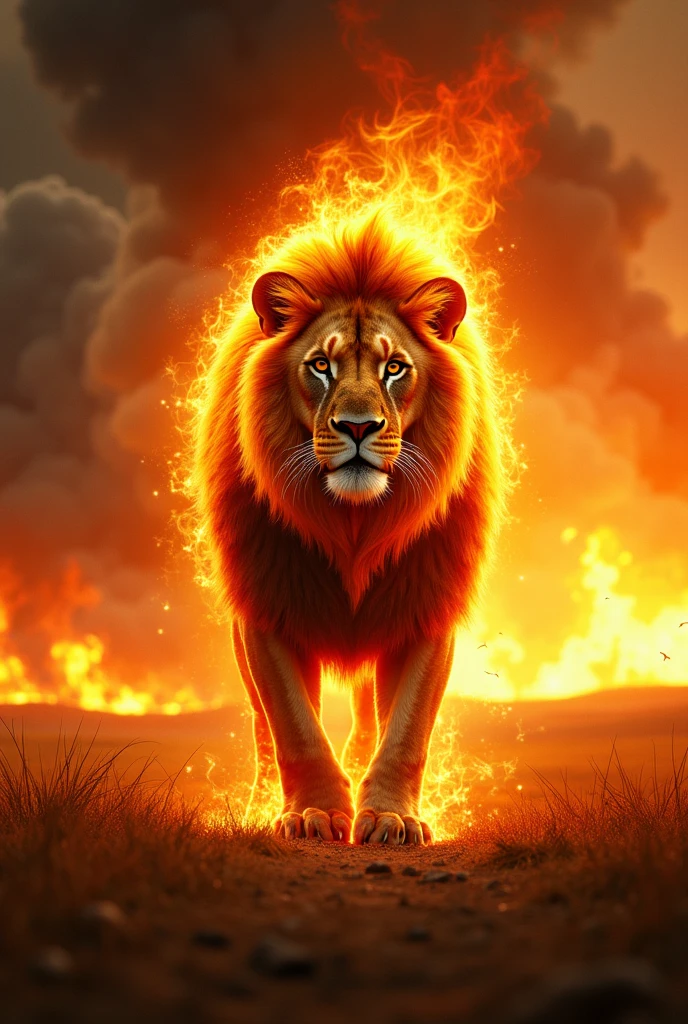 Flaming lion with the savanna on fire behind. Image in size 1920x1080 ...