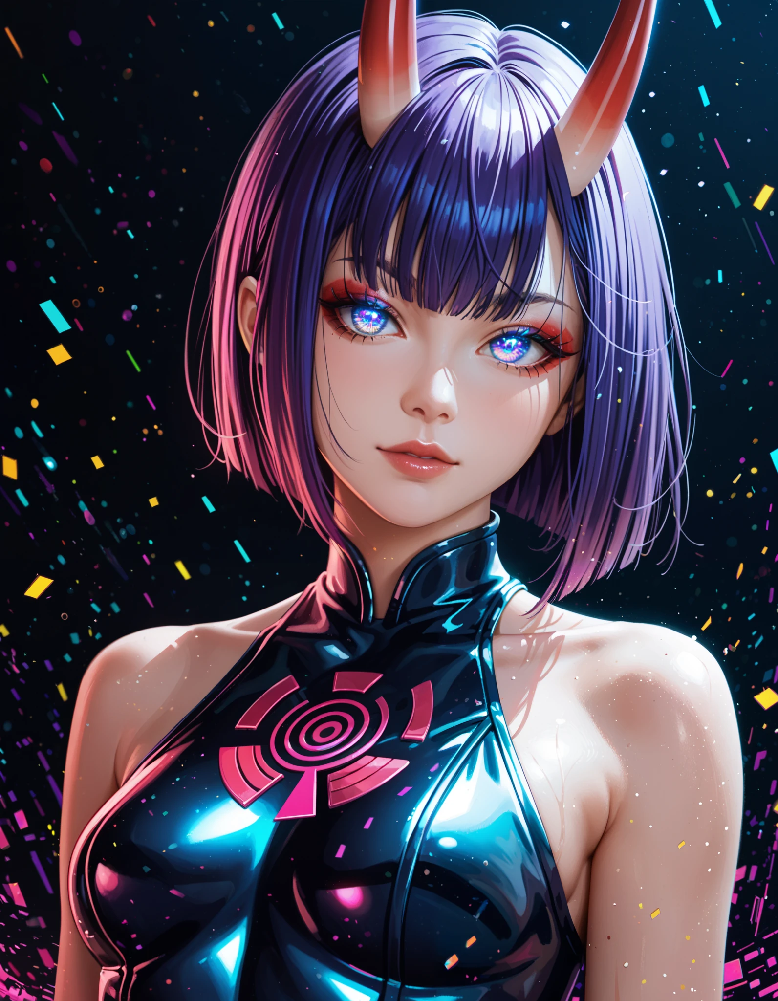 score_9,score_8_up,score_7_up, rating_safe, glitch, d1splaygl1tchl1nes, a glowing (triangle:1.1), 1girl, shuten douji \(fate\), cyborg, breasts, contrapposto, shiny, glamour, makeup, glossy, glowing eyes, anamorphic, head tilt, science fiction, head tilt, geometric, cyberpunk style (black background:0.8), particles, dust, lines, [:horns:0.4],violet hair,bangs,hair between eyes