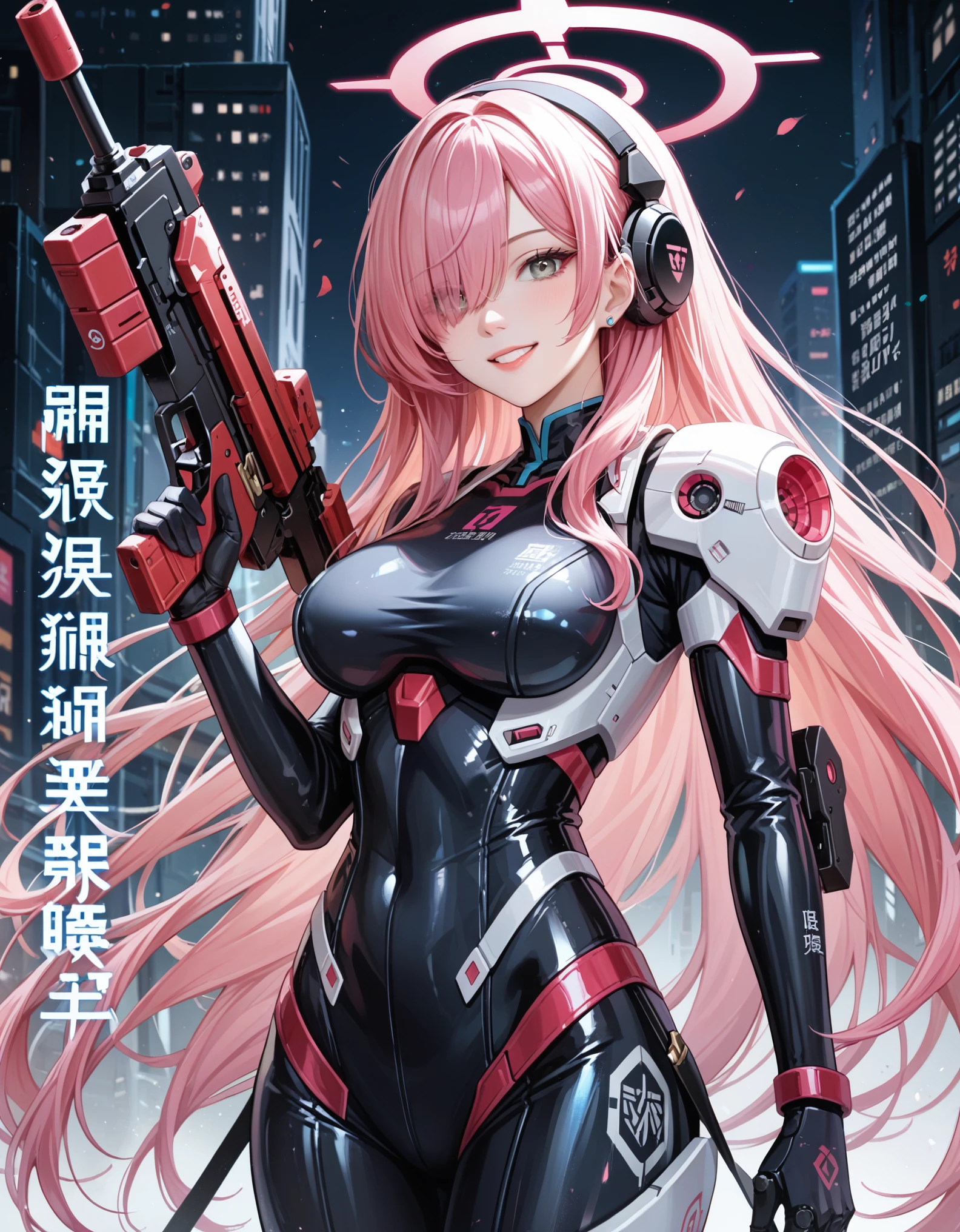 plana \(blue archive\),hair over one eyes,grey eyes, 1girl,chinese text,pink hair,weapon,gun,solo,holding weapon,holding gun,red eyes,holding,mechanical arms,bodysuit,breasts,smile,science fiction,hairband,tattoo,simplified chinese text,android,fake animal ears,mecha musume, BREAK,masterpiece, best quality,score_7_up,score_8_up,score_9, score_5_up,score_6_up, 