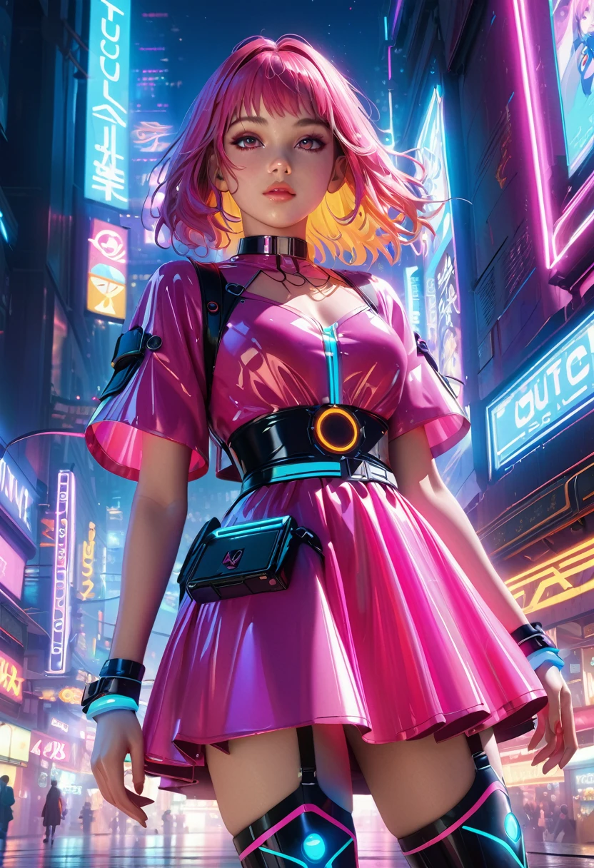 1girl, virtual idol, beautiful girl, 1980s retro digital world, technopop, vibrant colors, dress, thigh high socks, thigh high boots, detailed eyes, detailed lips, extremely detailed face, cinematic lighting, volumetric fog, neon lights, glowing cyberpunk city, intricate futuristic architecture, (best quality,4k,8k,highres,masterpiece:1.2),ultra-detailed,(realistic,photorealistic,photo-realistic:1.37),depth of field,cinematic angle