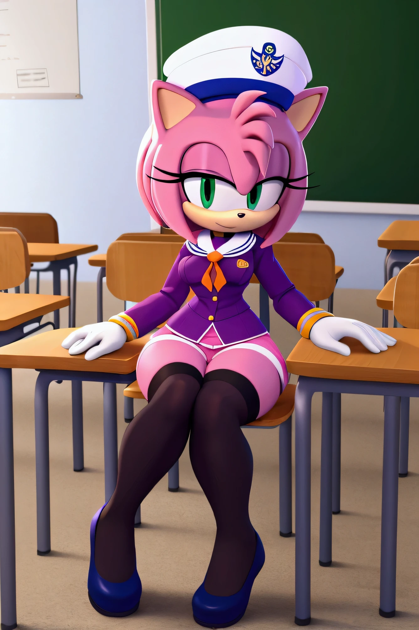 Amy Rose wears school suit , with black stockings with straps, white gloves, flirty look,sailor hat, sitting on a chair  ,in a classroom ,by day 