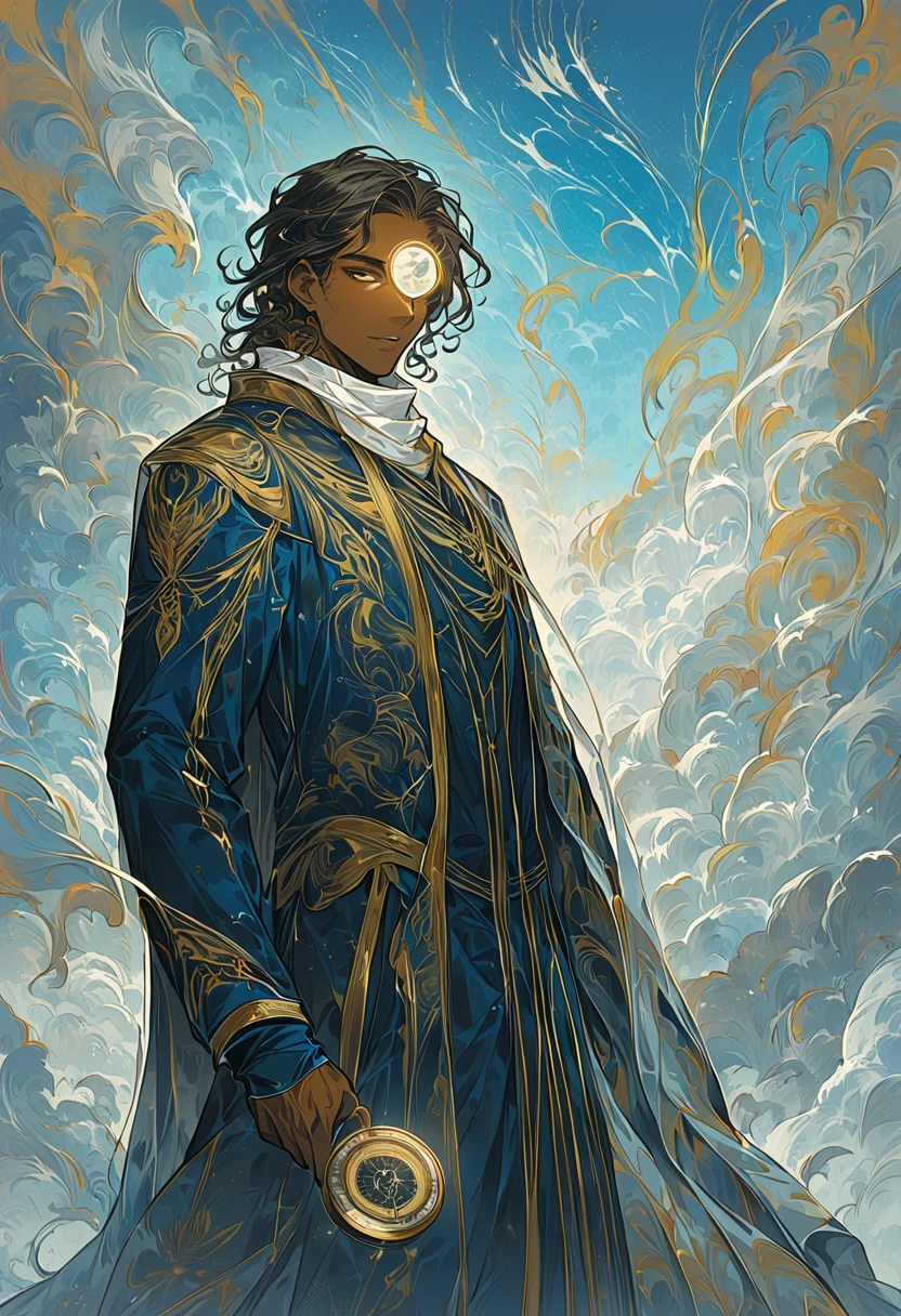 Fritz Neumann has dark skin and medium-length curly hair styled in a modern, voluminous style. His lean yet defined body reflects agility and control. He wears a stylized jacket that harks back to traditional German attire, but adapted with a modern, lightweight look that is ideal for quick movement. The fabric is sky blue with gold and white accents, reminiscent of maps and winds, symbolizing his connection to navigation and environmental control. His boots are reinforced, with rubber soles for added grip. Fritz carries a magical compass that glows when he activates his powers. He also wears a scarf that flutters as if in the wind, even in areas with no breeze, symbolizing his affinity for manipulating weather elements. 8k high definition