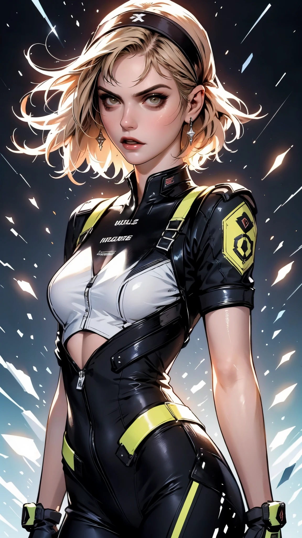 ((Best quality)), ((masterpiece)), (detailed: 1.4), (Absurd), Fighter pilot brunette woman, ready for war, muscular sculptural body defined, half-thick bare thighs, closed mouth, very tanned and shiny skin, only in panties, muscular body covered by technological clothing, Neon Genesis Evangelion style, cyberpunk, generous neckline, ((perfect large breasts)), (brown eyes without pupils), ((black, dark green and yellow clothing)), (((clothing based on South Africa flag)))), (((colorful Rastafarian hair))), ((splashes of paint on clothing)), long eyelashes, short underwear, garter belt, skin glove and leopard claws, by mucha, niji --V5, close to real, psychopathic, crazy face, sexy pose, background with a giant Gundam-style Robot head, 2 piece outfit, shoulder pads, airplane wings on the back, pastel, centered, scale to fit dimensions, HDR (High Dynamic Range),Ray Tracing,NVIDIA RTX,Super-Resolution,Unreal 5,Subsurface dispersion, PBR texture, Post-processing, Anisotropic filtering, Depth of field, Maximum clarity and sharpness, Multilayer textures, Albedo and specular maps, Surface shading, Accurate simulation of light-material interaction, Perfect proportions, Octane Render, Two-tone lighting, Wide aperture, Low ISO, White balance, Rule of thirds, 8K RAW, crysisnanosuit