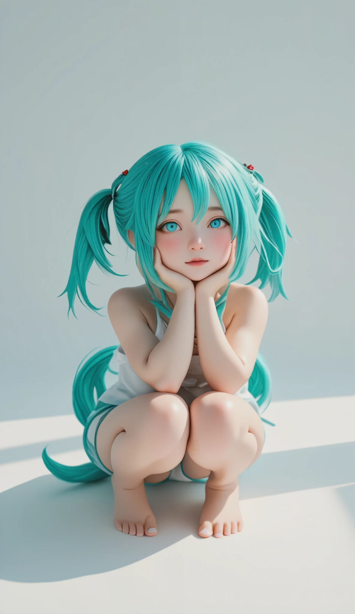  RAW photo,  perfect anatomy, Turquoise Hair,  sexy, Adorable,  small eyes , Expressionless, (((Squat))),  twin tails、 Hatsune Miku,  Official Art， Unity 8K Wallpaper， very detailed，Beautiful work， best quality，Realistic,Photo level、 best quality、 High Quality、masterpiece、