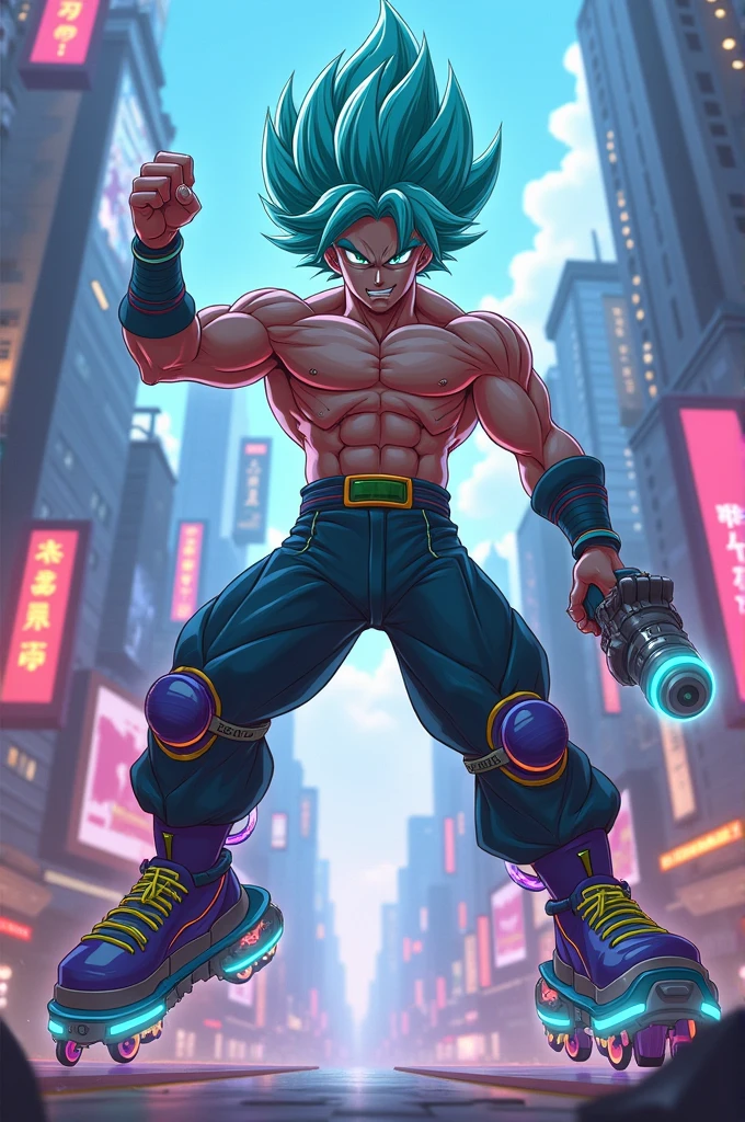 One man　Green Hair　Asia　Japanese　Freckles on cheeks　Perm　Round face　muscle質の体　On nudity　muscle　Red Belt　White gloves　
Raise your hands　Guts pose　Strong　Strong background　Destroyed city　thunderstorm　Green electricity　