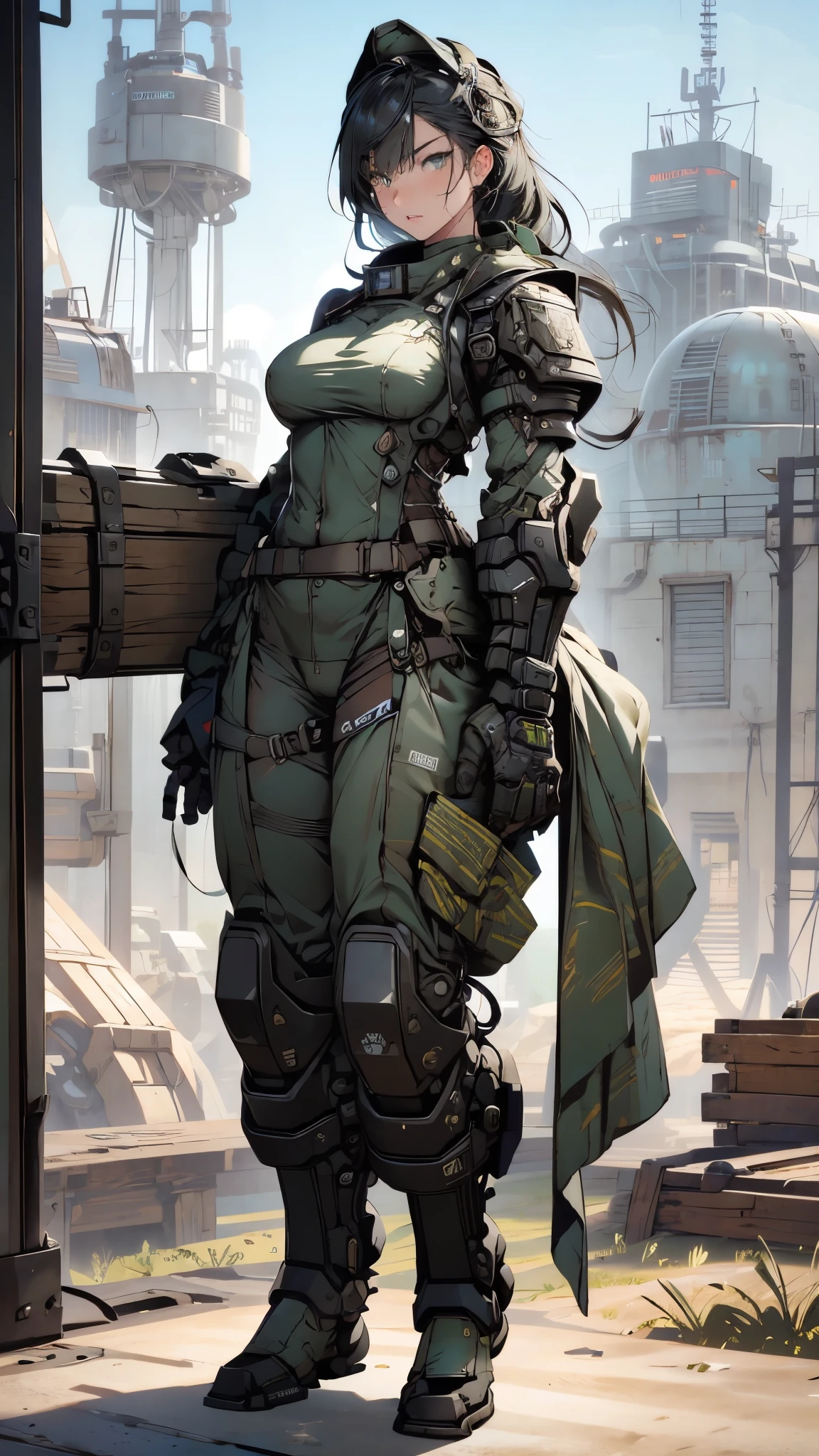 Beautiful female soldier in a green uniform holding a gun, tattered military gear, mechanized soldier girl, oversized mechanical exoskeleton arms and legs, inspired by Masamune Shirow, girl in mecha armor, mechanized valkyrie girl, cushart kenz, ry girl, Bare Skin, Athletic Well Toned Body, sweaty skin, Barely Clothed, cammo patterns, Beautiful Face, dieselpunk Theme, Fiverr Dnd Character, Octane Render, Digital Art, Extreme Detail, 4k, Ultra Hd, Polished, Beautiful, Hyperdetailed, Intricate, Elaborate, Meticulous, Photorealistic, Sharp Focus, Wlop, Character Design, Unreal Engine, 3d Rendered, Volumetric Lighting, Reflections, Glossy, Digital Illustration, Pose, Suggestive Pose, Lewd, Full Body Shot, naked, nude, uncovered breasts, exposed breasts, exposed crotch, vissible nipples, puffy vagina, anatomically correct 💖❤💕💋