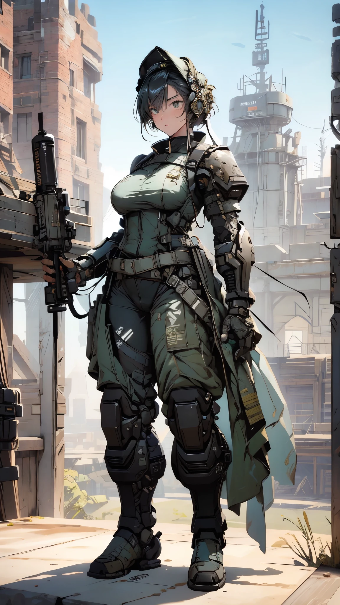 Beautiful female soldier in a green uniform holding a gun, tattered military gear, mechanized soldier girl, oversized mechanical exoskeleton arms and legs, inspired by Masamune Shirow, girl in mecha armor, mechanized valkyrie girl, cushart kenz, ry girl, Bare Skin, Athletic Well Toned Body, sweaty skin, Barely Clothed, cammo patterns, Beautiful Face, dieselpunk Theme, Fiverr Dnd Character, Octane Render, Digital Art, Extreme Detail, 4k, Ultra Hd, Polished, Beautiful, Hyperdetailed, Intricate, Elaborate, Meticulous, Photorealistic, Sharp Focus, Wlop, Character Design, Unreal Engine, 3d Rendered, Volumetric Lighting, Reflections, Glossy, Digital Illustration, Pose, Suggestive Pose, Lewd, Full Body Shot, naked, nude, uncovered breasts, exposed breasts, exposed crotch, vissible nipples, puffy vagina, anatomically correct 💖❤💕💋