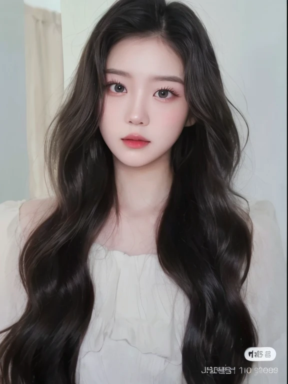 1girl, solo, realistic, black hair, portrait, black eyes, lips, closed mouth, hair between eyes, masterpiece,  (photorealistic), raw photo, korean girl, pretty girl, rounded eyes, delicate lips, cherry lips colored, perfect small nose, thin nose, youthful face, light colored clothing, double eyelid, normal expression 