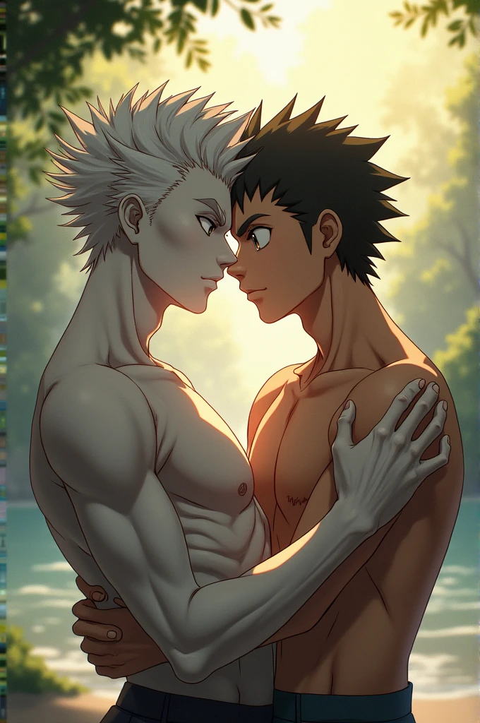absurdres, highres, ultra detailed, HDR) master piece, best quality, Itadori Yuuji, pink hair, expressive brown eyes, Jujutsu Kaisen, Gojou Satoru, white hair, with bangs, expressive blue eyes, white eyelashes, two sexy men together, gay couple, yaoi, handsome, toned chest, topless, sensual, black tight shorts, sea, beach, sunset
