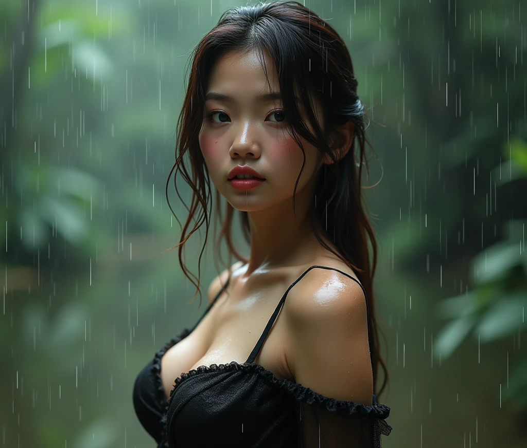(raw photo:1.2), (photorealistic:1.4), huge file size, super detailed, high resolution, very detailed, best quality, masterpiece, very detailed, 8k wallpaper, amazing, Fine details, masterpiece, best quality, Korean woman, eyeliner, eyeshadow, detailed face, detailed eyes, (black push-up bra: 1.2), torrential rain, soaking wet, covered in dripping water, wet hair, wet dress, dripping water, glistening skin, f/2.0, park in background, water splashing on her head, jean shorts