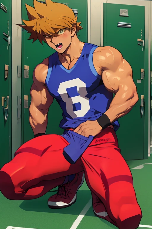 Jounouchi Katsuya from Yu-Gi-Oh, bodybuilder, sweaty, defined body, big legs, locker room, wearing a football uniform, vapid stare, kneeling to me, sweaty body, big bulging crotch, shoulder pads, football jersey, football cleats, football pants, hypnotized blank stare, open mouth, hyper muscles, hyper swollen crotch bulge, bro, dumber, IQ drain, meathead, musclehead, dumb jock, brainwashed, flexing, hyper crotch bulge, big biceps, big triceps, big traps. broad shoulders, big meaty pecs, big thighs, thick glutes, hyper muscles, football team assimilation, brainwashed, brainwashing, glowing eyes, bro, mindless