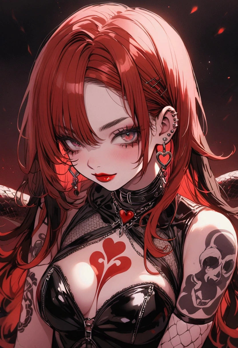 A girl with red eyes, scarlet hair, she has a red rose in her hair. She is wearing a very sexy cut black dress. She has a very intense look, a sadistic smile, blood red lipstick. She has very big breasts. She has a red rose tattoo on her chest. She has blood all over her face and body, bloody scars, dripping blood, too much blood, blood drip on eye. Ultra detailed, 4k. Nipples out. She do a smack