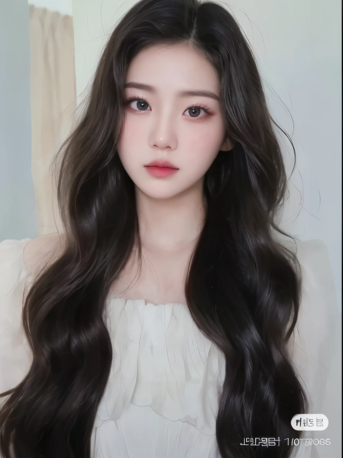 1girl, solo, realistic, black hair, portrait, black eyes, lips, closed mouth, hair between eyes, masterpiece,  (photorealistic), raw photo, korean girl, pretty girl, rounded eyes, delicate lips, cherry lips colored, perfect small nose, thin nose, youthful face, light colored clothing, double eyelid, normal expression 