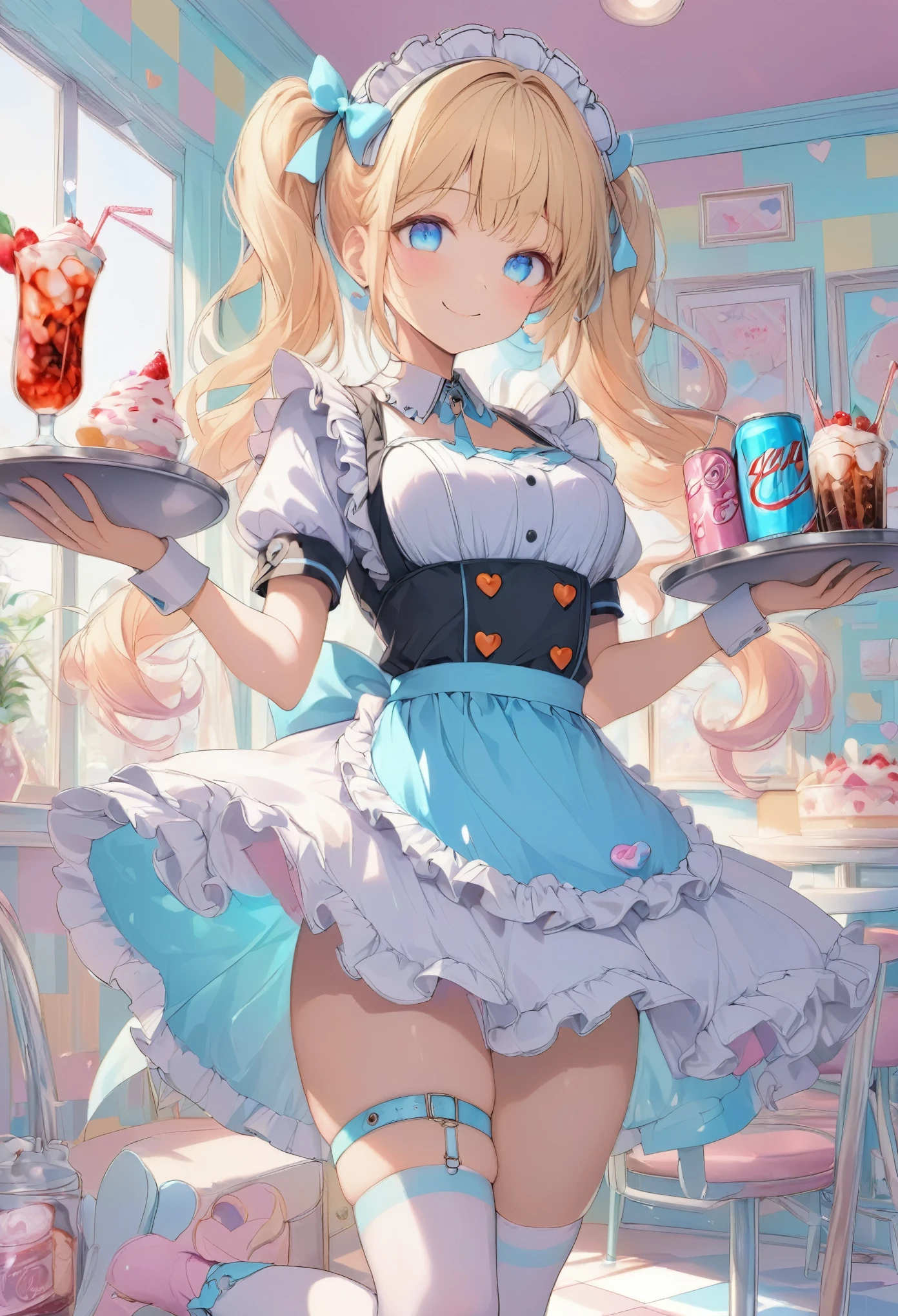 masterpiece, best quality, 8k, highres, ultra-detailed,HDR, UHD, illustration, best quality,pastel,  colorful, 1girl, long blonde hair, blue eyes, hair bow, cute maid outfit, frilly dress, apron, thigh-high socks, ribbons, holding drink, soda can, heart-shaped straw, holding tray, parfait, whipped cream, pastel colors, candy-themed accessories, bandage on thigh, cheerful expression, indoors, checkered wallpaper, soft lighting, kawaii aesthetic