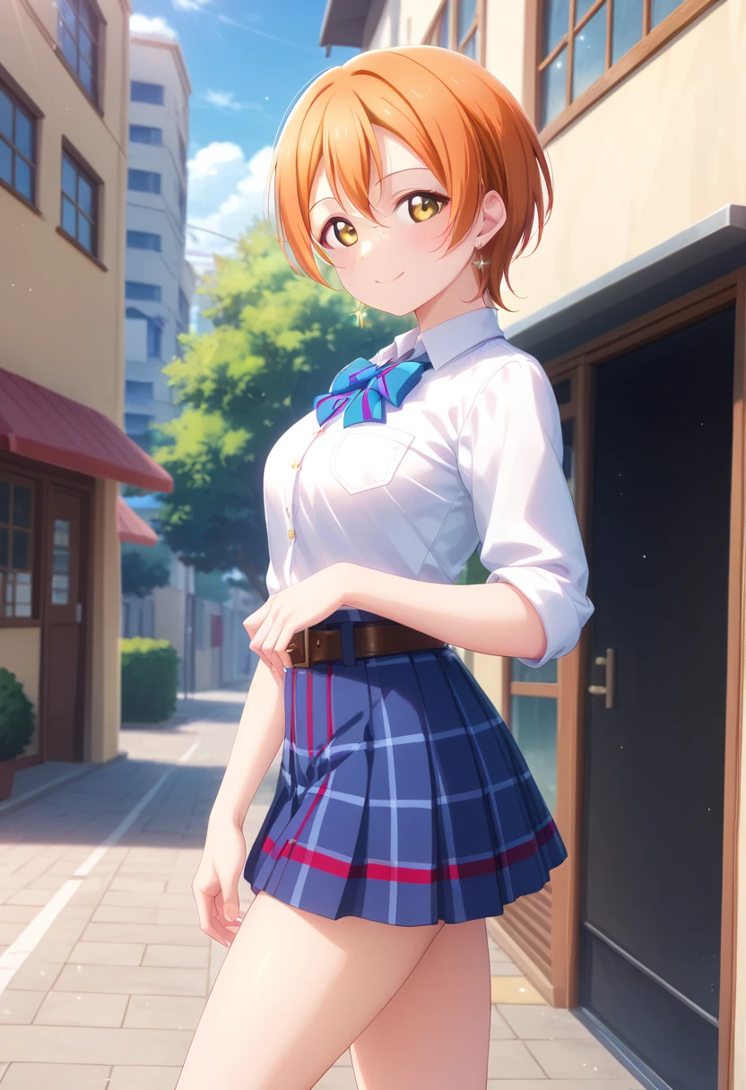 {{{masterpiece}}}, {{{best quality}}}, {{ultra-detailed}}, {illustration}, {{an extremely delicate and beautiful}}, orange hairRin Hoshizora Love Live 星空 凛、 orange hair、 short hair on the nose 、Yellow Eyes、20old、Long shirt＋belt＋ tight skirt / Street Corner / Lean against a building、 sexy、 disgusting、smile、background 部屋、 orange hair