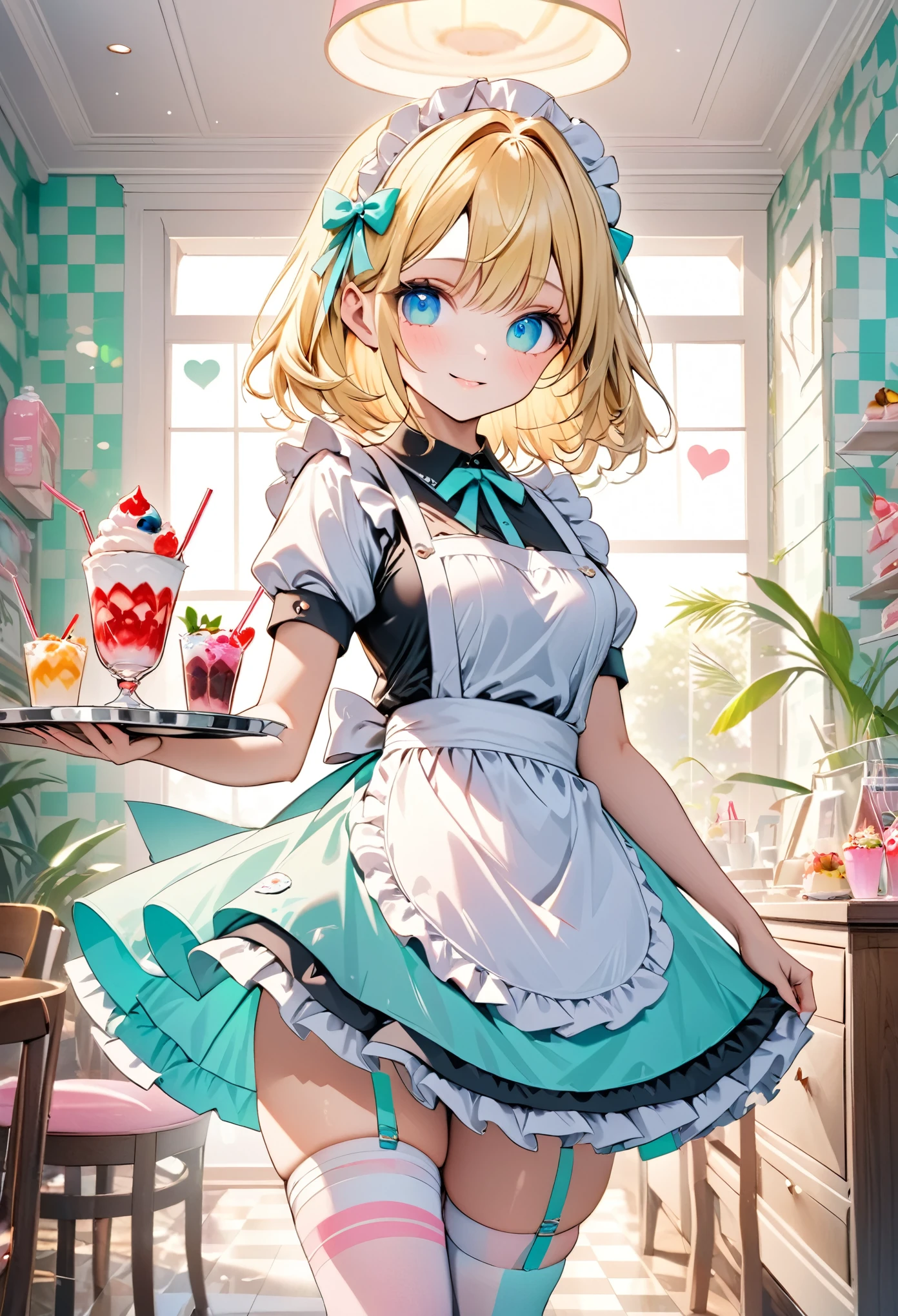 masterpiece, best quality, 8k, highres, ultra-detailed,HDR, UHD, illustration, best quality,pastel,
theme color green,1girl, long blonde hair, blue eyes, hair bow, cute maid outfit, frilly dress, apron, thigh-high socks, ribbons, holding drink, soda can, heart-shaped straw, holding tray, parfait, whipped cream, pastel colors, candy-themed accessories, bandage on thigh, cheerful expression, indoors, checkered wallpaper, soft lighting, kawaii aesthetic