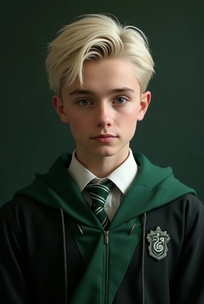 blond boy with a slycly tie and a black jacket, similar to malfoy, draco, elijah wood as harry potter, blonde boy with yellow eyes, harry, small blond goatee, extremely pale blond hair, film still from harry potter, johan liebert, albino hair, ryan gosling, very very pale blond hair, still from harry potter, in hogwarts