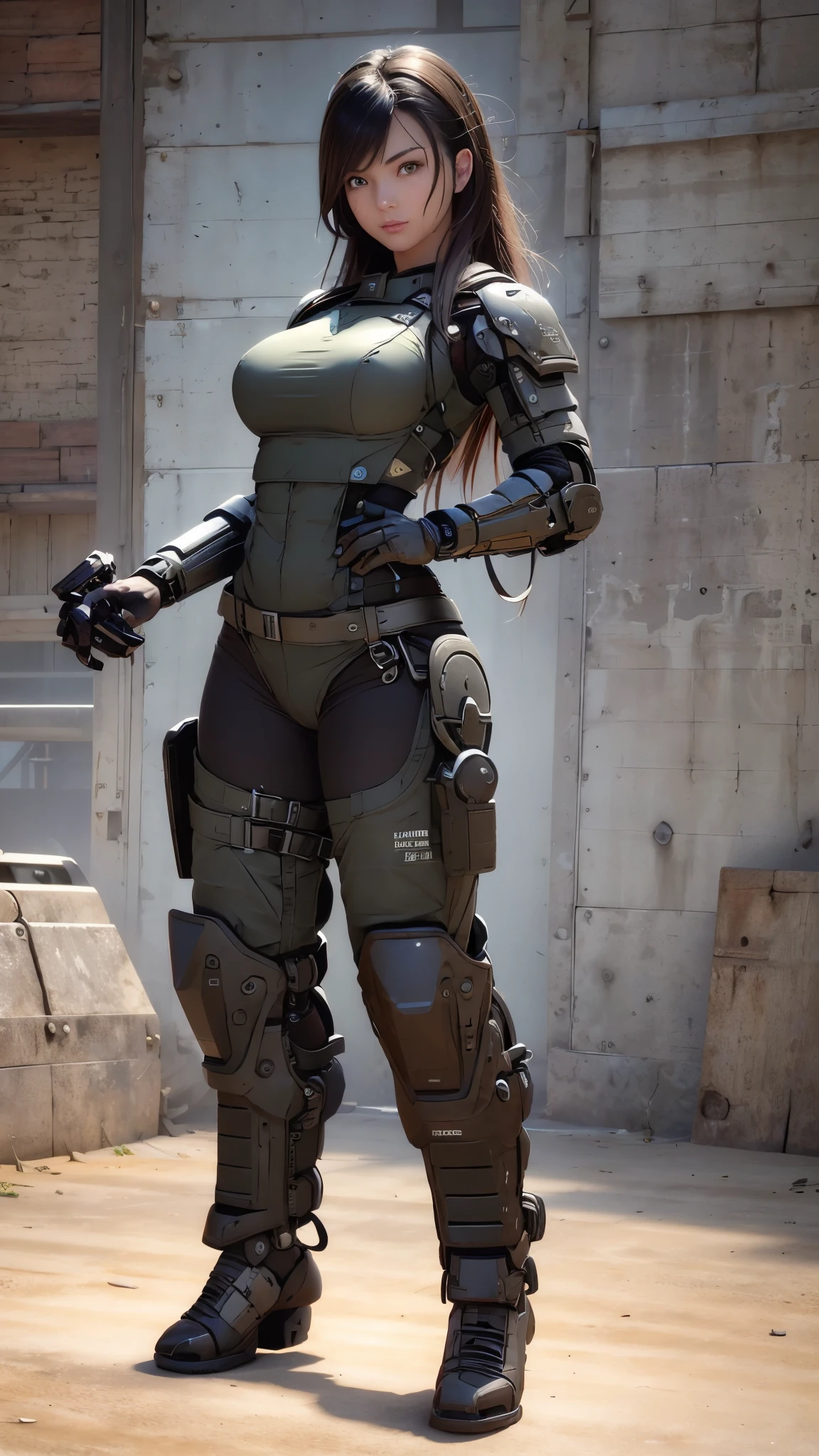 Beautiful female soldier in a green uniform holding a gun, tattered military gear, mechanized soldier girl, oversized mechanical exoskeleton arms and legs, inspired by Masamune Shirow, girl in mecha armor, mechanized valkyrie girl, cushart kenz, ry girl, Bare Skin, Athletic Well Toned Body, sweaty skin, Barely Clothed, cammo patterns, Beautiful Face, dieselpunk Theme, Fiverr Dnd Character, Octane Render, Digital Art, Extreme Detail, 4k, Ultra Hd, Polished, Beautiful, Hyperdetailed, Intricate, Elaborate, Meticulous, Photorealistic, Sharp Focus, Wlop, Character Design, Unreal Engine, 3d Rendered, Volumetric Lighting, Reflections, Glossy, Digital Illustration, Pose, Suggestive Pose, Lewd, Full Body Shot, naked, nude, uncovered breasts, exposed breasts, exposed crotch, vissible nipples, puffy vagina, anatomically correct 💖❤💕💋