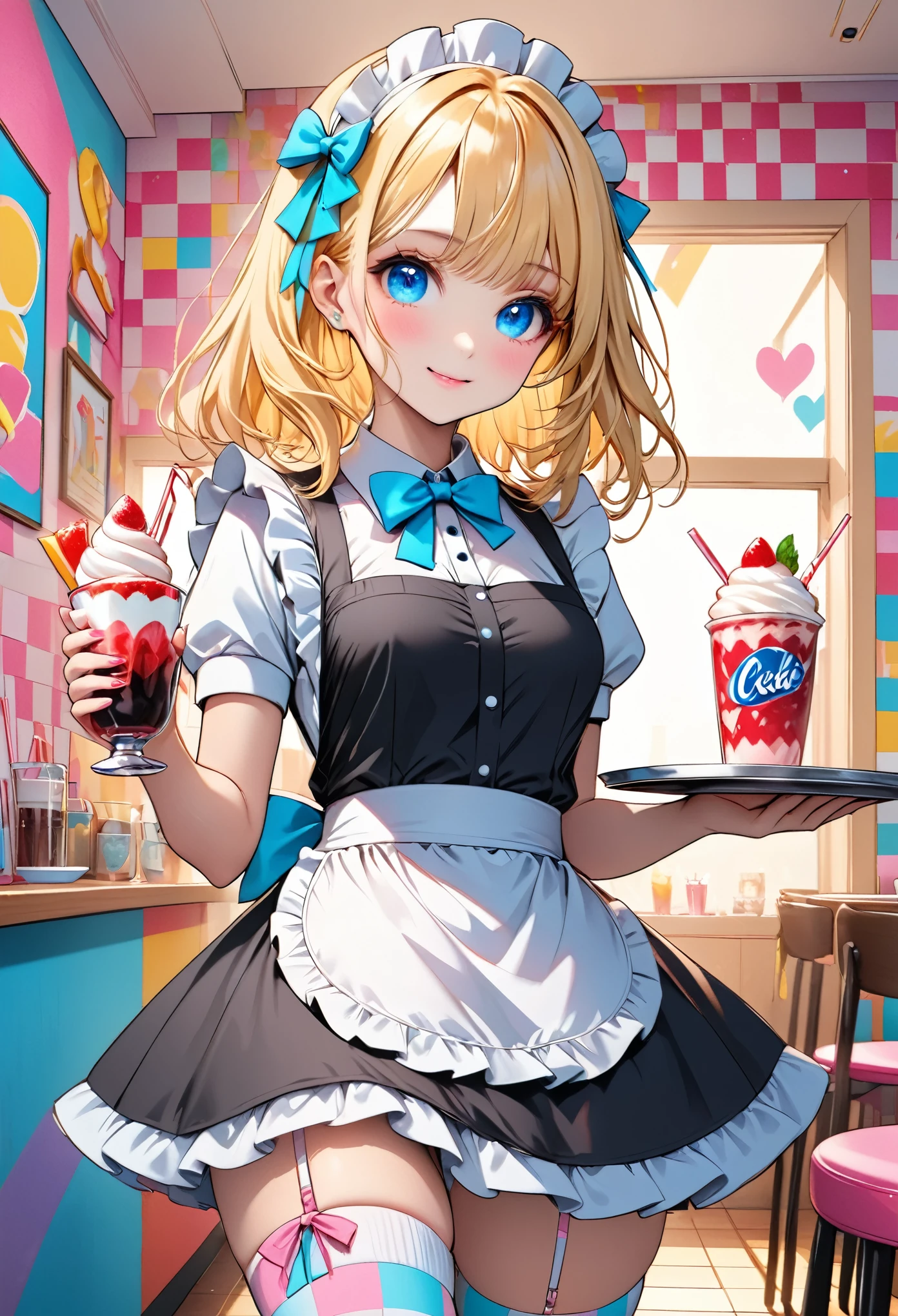 masterpiece, best quality, 8k, highres, ultra-detailed,HDR, UHD, illustration, best quality, pop art,
,1girl, long blonde hair, blue eyes, hair bow, cute maid outfit, frilly dress, apron, thigh-high socks, ribbons, holding drink, soda can, heart-shaped straw, holding tray, parfait, whipped cream, pastel colors, candy-themed accessories, bandage on thigh, cheerful expression, indoors, checkered wallpaper, soft lighting, kawaii aesthetic