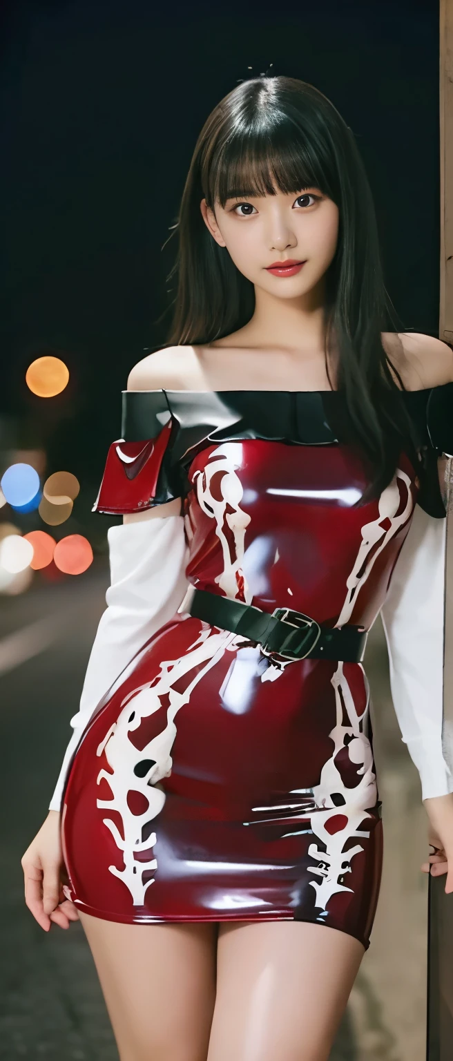 cool dark-haired idol girl、whole body、　Good style、、Thick legs、、、Skeleton Print Shirt（ off-shoulder ）、Red Latex Tight Mini Dress、Cool girl face、Skeleton Belt、Red Moon Night、 Glowing Skeleton 