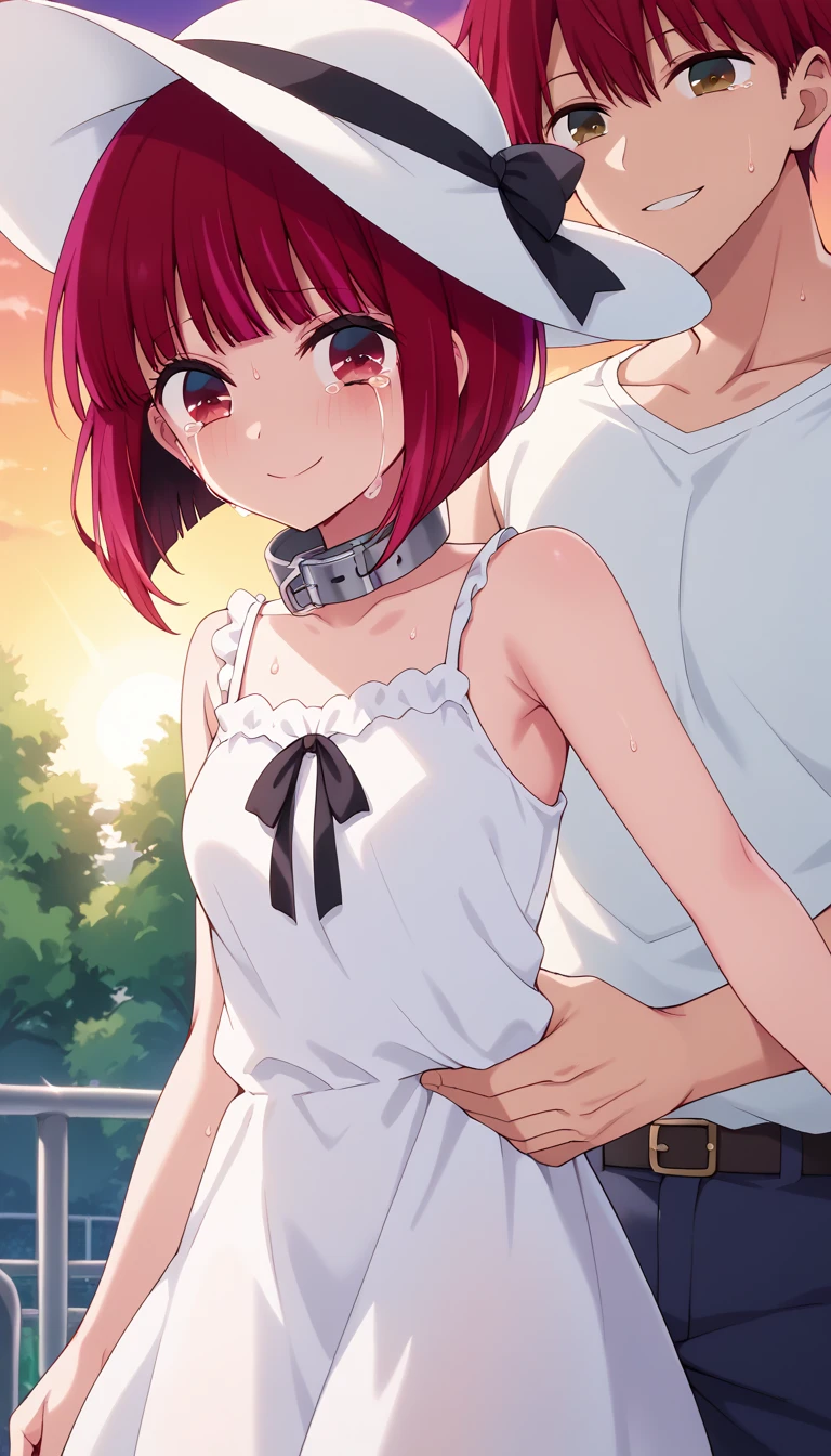 kana arima, short hair, bangs, red eyes, red hair, bob cut,hat, dress, ribbon, sleeveless, white dress, sleeveless dress, white headwear, sun hat, sundress,

master piece, 1girl,1boy,smile, sexy ,,looking at viewer,(sweat:1.1),(crying:1.5)(city:1.0) ,(grab by the breatests from behind by a man:1.3), (classroom:1)(steel collar) , (ecstasy:1.4)