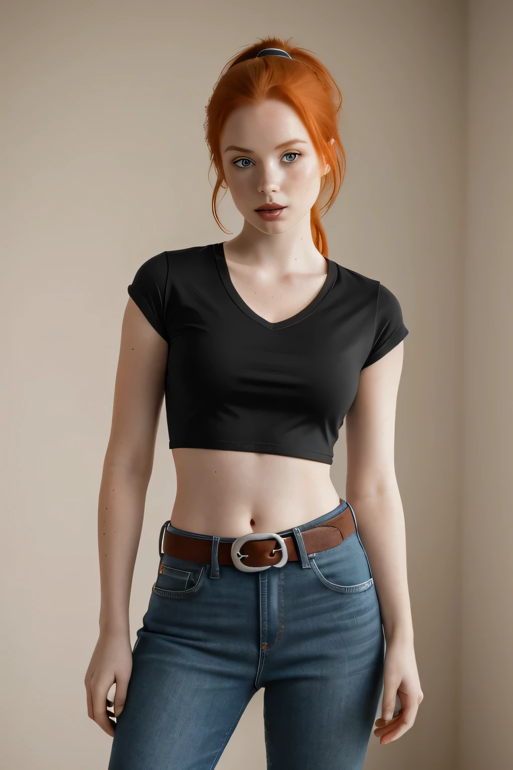 1girl in, age21, Madelaine Petsch, photo of perfect woman, 5'3", Solo, Aesthetic artwork, (irish  redhead, wild ginger hair, crazy ponytail red ginger hair:1.25), (some small freckles, pale skin, small breasts, B-cup, runners body, very thin waist, skinny, petite, detailed skin texture), (blank background, plain background, blank wall, (wearing an cropped black T-shirt, V-Neck shirt with a star in the middle, tight low-rise blue jeans with a belt, off the hip blue jeans, Flannery from pokémon, Flannery cosplay), (extremely detailed 8k wallpaper), soft lighting, high quality, film grain, Fujifilm XT3 sharp focus, f 5.6, 50mm, High Detail, Sharp focus,(natural light), crazy details, complex details, hyper detailed