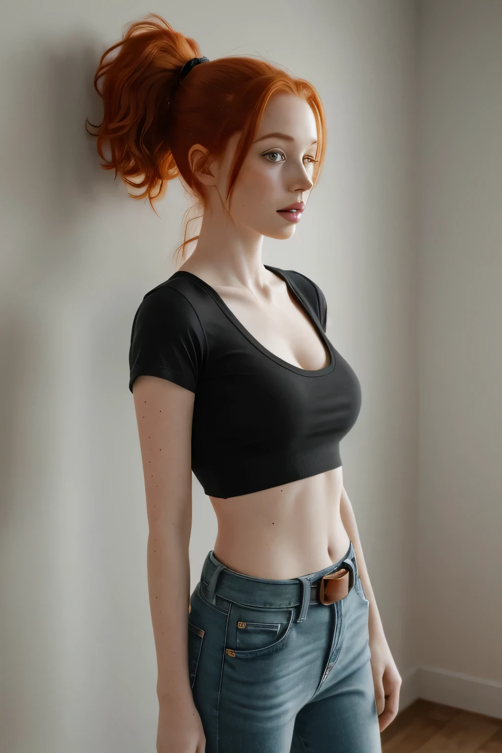 1girl in, age21, Madelaine Petsch, photo of perfect woman, 5'3", Solo, Aesthetic artwork, (irish  redhead, wild ginger hair, crazy ponytail red ginger hair:1.25), (some small freckles, pale skin, small breasts, B-cup, runners body, very thin waist, skinny, petite, detailed skin texture), (blank background, plain background, blank wall, (wearing an cropped black T-shirt, V-Neck shirt with a star in the middle, tight lowride blue jeans with a belt, Flannery from pokémon, Flannery cosplay), (extremely detailed 8k wallpaper), soft lighting, high quality, film grain, Fujifilm XT3 sharp focus, f 5.6, 50mm, High Detail, Sharp focus,(natural light), crazy details, complex details, hyper detailed