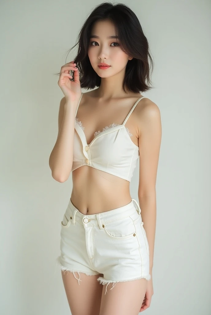 (Highest quality、32K、masterpiece:1.3)、(Beautiful woman:1.3)、(5 girls:1.3)、(Full body photo:1.3)、(Photo from behind)、(Bra showing through clothes、Panties visible through white pants、uniform、Light white shirt、Light white trousers、Short sleeve、Bra straps、strap、See-through)