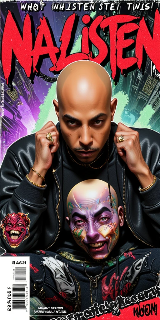 3D animated Character Nztykle as a comic . The man is Muscular Wearing Streetwear, the man has super close shaven skin Bald Head::5.1 , Marvel comic book cover in the style of the 80s, 90s, 2000s, with a MASCULINE man rapper wearing Streetwear character,  with the title "NA LISTEN", A 1990s/2000s comic book cover featuring the Man, wearing a hoodie, graphic design jacket and ripped skinny jeans, tons of tattoos and piercings, perfect masterpiece, high quality, high resolution, large, 8k, cinematic. The man should be depicted with exaggerated and distant facial expressions, using thick lines, bold shadow cracks and deep shadows, highlighting its chaotic and intense nature. The cover should have a worn and distressed texture, with a soft color palette of purples, greens and reds to evoke a sinister yet retro feel. In the background, show a gritty urban scene. The a man should be in a dynamic pose, embodying his unpredictable and dangerous personality. Add classic comic book elements like a bold title ('Raptile Records: '), a scary subtitle ('Who is Na Listen?'), and 'Written by Na Listen' as the author. Include the issue number (#1), a small price (e.g. '10¢'), and a publisher's logo in the corners. Keep the layout clean but intense, focusing on  twisted personality while maintaining the aesthetic of 2000s comics.