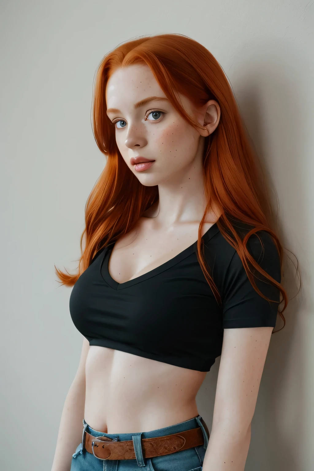 1girl in, 21, Madelaine Petsch, photo of perfect woman, 5'3", Solo, Aesthetic artwork, (irish  redhead, wild ginger hair, long length ginger hair:1.25), (some small freckles, pale skin, small breasts, B-cup, runners body, very thin waist, skinny, petite, detailed skin texture), (blank background, plain background, blank wall, (wearing an cropped black T-shirt, V-Neck shirt with a star in the middle, tight lowride blue jeans with a belt, Flannery from pokémon, Flannery cosplay), (extremely detailed 8k wallpaper), soft lighting, high quality, film grain, Fujifilm XT3 sharp focus, f 5.6, 50mm, High Detail, Sharp focus,(natural light), crazy details, complex details, hyper detailed