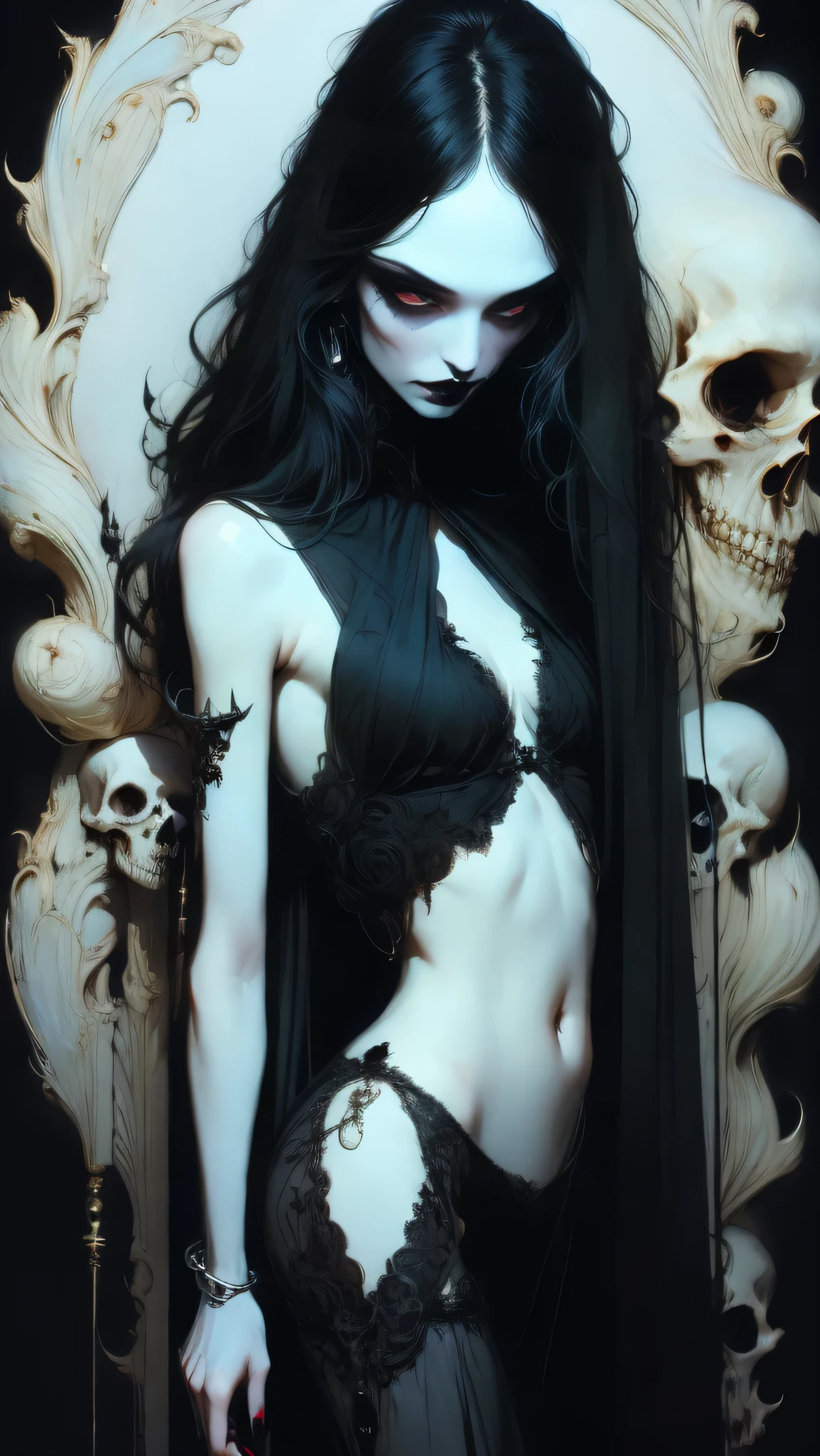 Vampire woman , (vampire), (goth vampire) ( full body), 8K, (( open eyes )),  full body, flawless face, beautiful face,  Girl with a soft body ,  Beautiful woman,  perfect face , (symmetrical,  beautiful face), ((1 girl)), gothic beauty,  pale skin,  open eyes , ( open eyes  y detallados), realistic look, sharp focus face , realistic look texture, (( small breasts )),  super detailed skin , Skull background , [Cara sexy, analogue style,  dim and changing lighting , atmospheric, ((Very long and beautiful black hair )), ( long hair),desnuda,  beautiful face , make-up, black lipstick,  long eyelashes ,  beautiful legs . calaveras en el suelo