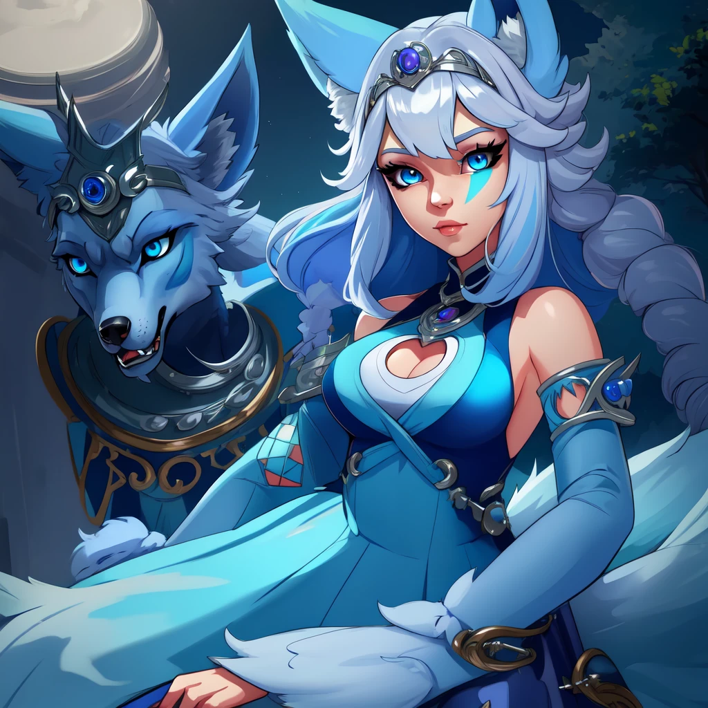 this,blue eyes,wolf ears,Wolf tail,light blue hair,
Blue dress, DETACHABLE SLEEVES,bare shoulders, clothing cutout,tiara,
Outside,A gram,Lake,
( hip hop style,  detailed and beautiful face , detailed and beautiful eyes , masterpiece,  best quality ),