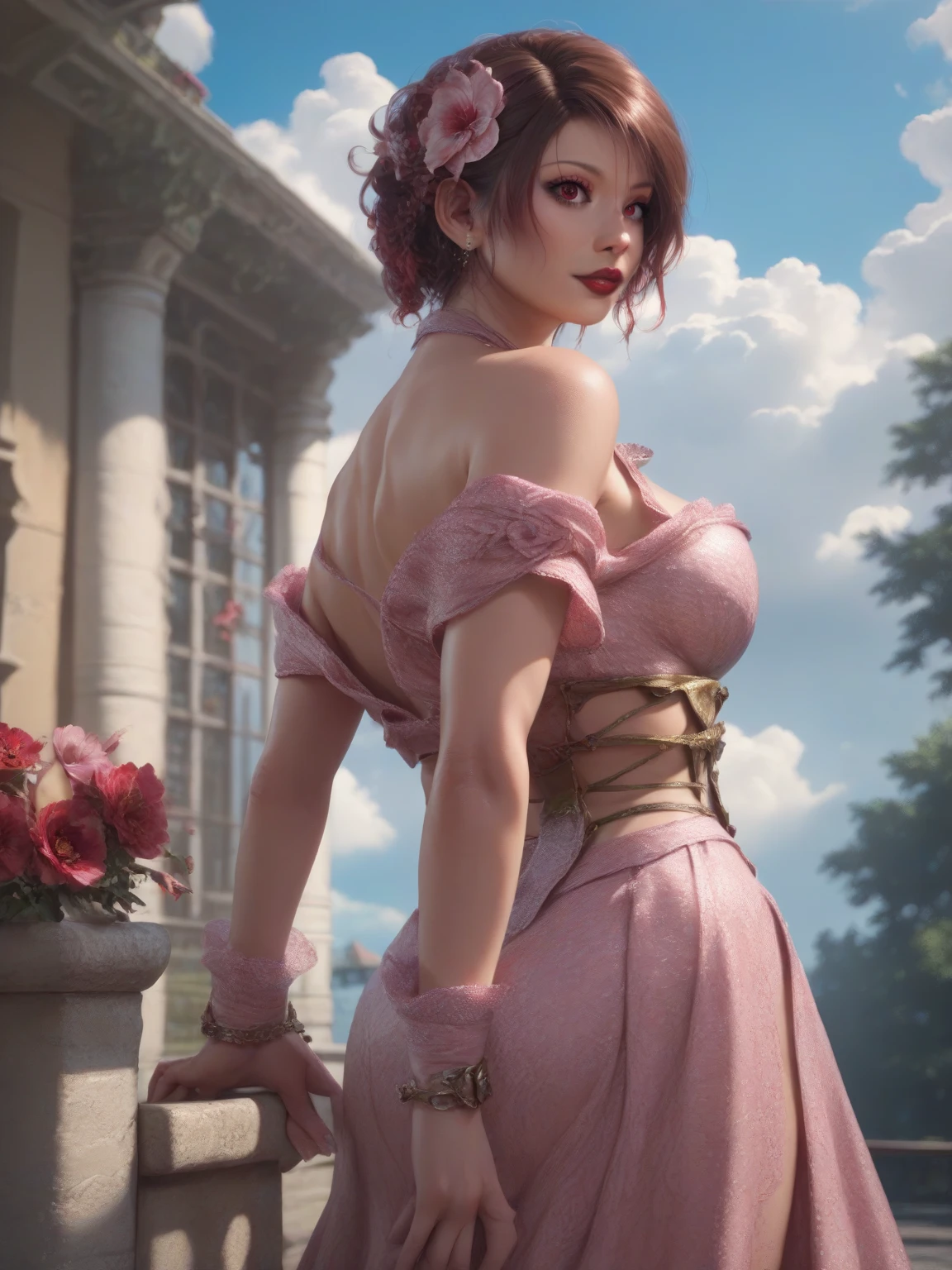 (masterpiece),(best quality:1.0), (ultra highres:1.0), detailed illustration, 8k, anime, 1girl, beautiful anime girl, in a sari, wearing a pink sari, pretty pose, pretty face, detailed face, beautiful eyes, dark red eyes, detailed eyes, red lips, red lipstick, slightly brown hair, pink flower on ear, highlights in hair, standing, red flowers on a tree in the back, open sky with clouds, detailed, intricate, anime style, highly detailed