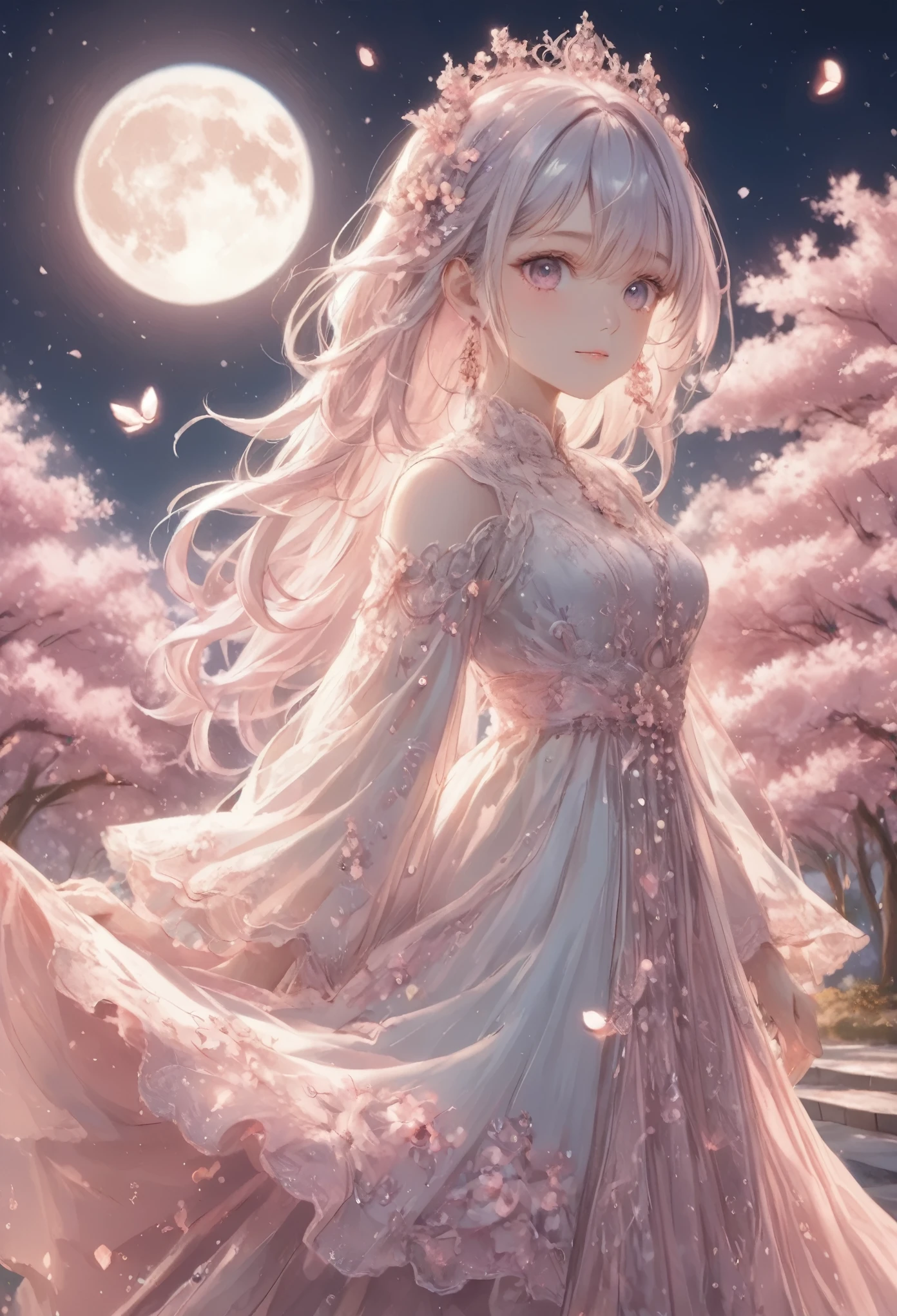 masterpiece, best quality, 8k, highres, ultra-detailed,HDR, UHD, studio lighting, ultra-fine painting, sharp focus, physically-based rendering, extreme detail description, professional, vivid colors, bokeh, portraits,BREAK, pastel,
Low Fidelity (lofi) art style,
pastel pink and purple tones, full moon, silver hair girl, full body, ground shot,ethereal beauty, cherry blossoms, flowing white dress, floral headpiece, glowing moonlight, intricate lace details, delicate and graceful, serene expression, fantasy setting, detailed background, romantic atmosphere, sparkling night, high contrast lighting, soft glow