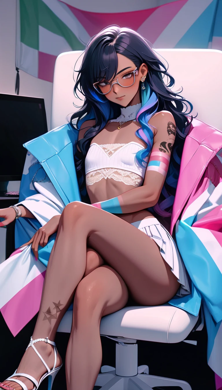 trans woman ((Adult transgender women)): Trap, Otoko no ko, (Very short pleated miniskirt. Lace strapless cropped top. ((eye glasses)). Brown eyes, showing the whole body, brown skin color, Black long wavy hair. ((Clothes with the colors of the trans flag, blue pink and White)), High heel silver sandals, Cute smille. Closed mouth, Makeup, tattooed arm and leg, flat chest, superflat);, full body shot, Working on a computer station, sitting on chair, crossed legs, Bedroom background. High quality. 4k, 8k, many details. Masterpiece, accurate, anatomically correct, playing, detailed background, better quality, original work Focus on details, pink and blue, ladyboy