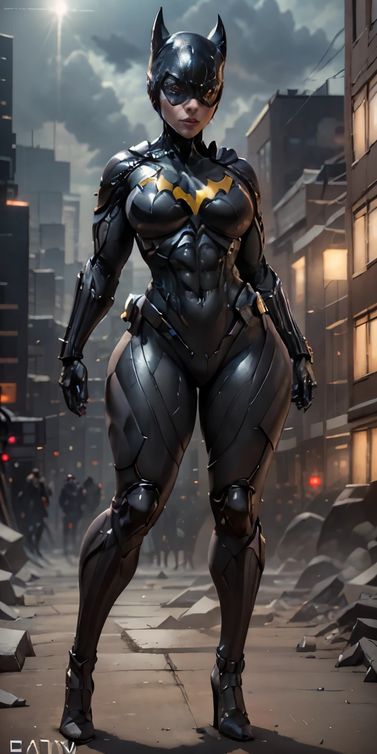 Batgirl from DC, big breasts, frontal, full-length, looking at the camera, facing the audience, standing pose, Gotham city background, three-dimensional light, detailed full-body concept, sleek digital concept art, beautiful full-body concept art, art trend, CGsociety full-length,