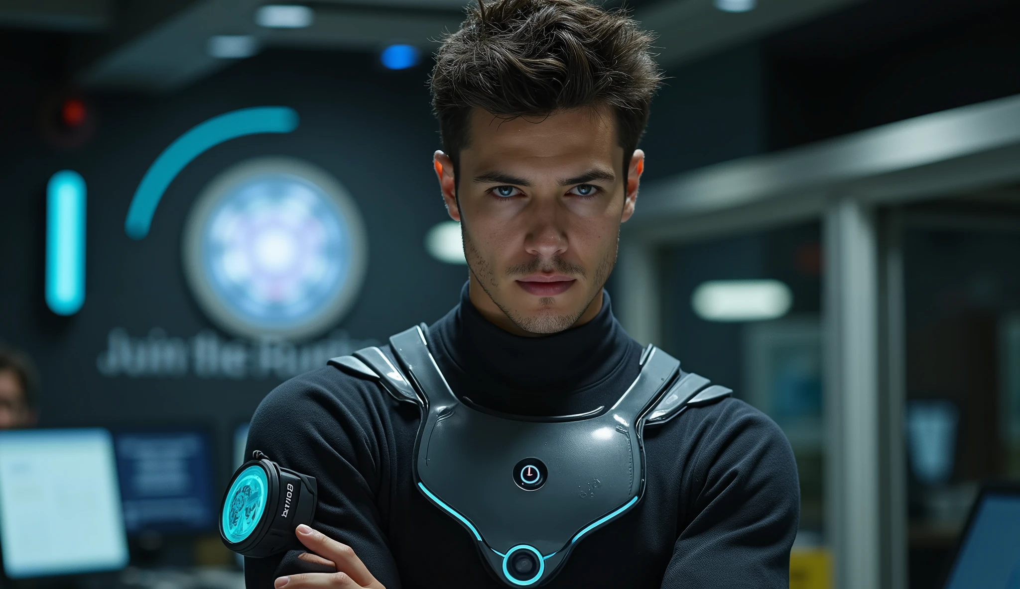 How to make a handsome man in his 20s The world in 2100、Cyberpunk room background、Dressed in a cyberpunk robot suit、Blue eyes, short black hair、Shave cleanly,Attractive and serious look, Short black hair, Stylish and elegant,Strong body((Highest quality, 8k, masterpiece), Ultra HD Photos, (Beautiful face details, Skin texture details, Ultra-detailed body:1.1)、Looking at us from the front