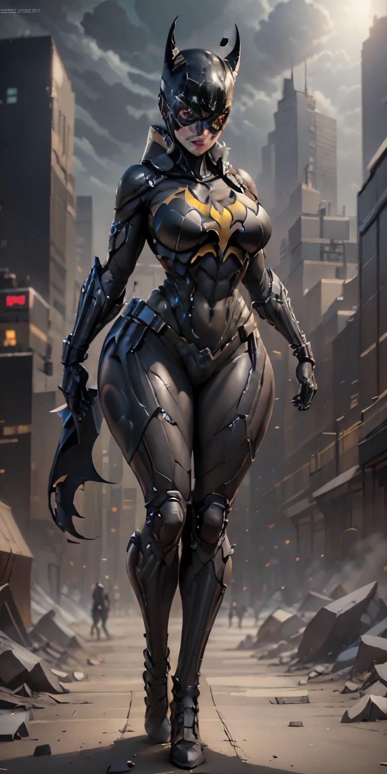 Batgirl from DC, big breasts, frontal, full-length, looking at the camera, facing the audience, standing pose, Gotham city background, three-dimensional light, detailed full-body concept, sleek digital concept art, beautiful full-body concept art, art trend, CGsociety full-length,